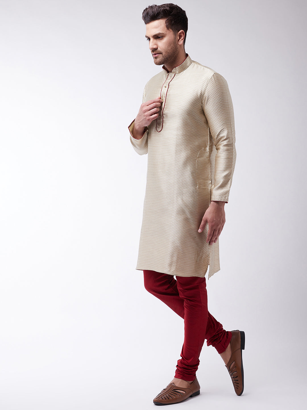 VM By VASTRAMAY Men's Beige And Maroon Silk Blend Kurta Churidar Set