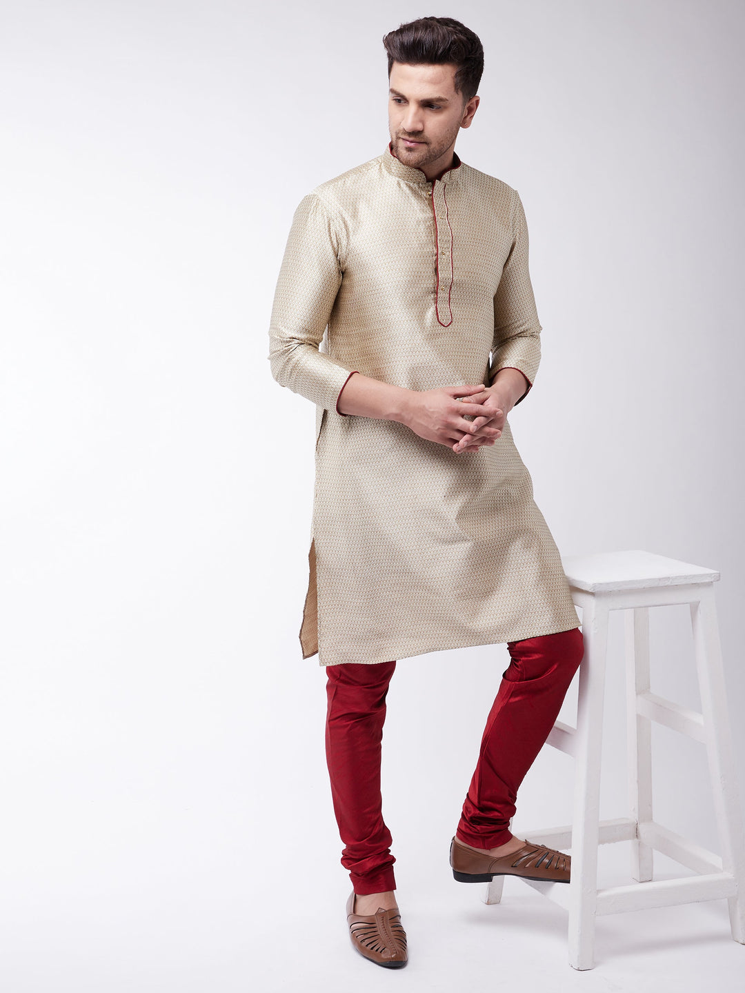 VM By VASTRAMAY Men's Beige And Maroon Silk Blend Kurta Churidar Set