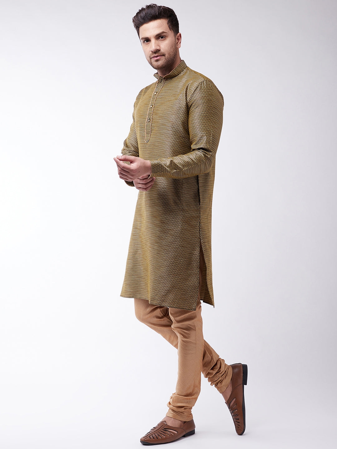 VM By VASTRAMAY Men's Black And Rose Gold Silk Blend Kurta With Churidar Set