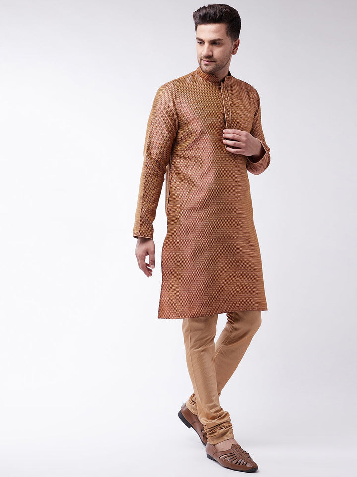 VM By VASTRAMAY Men's Maroon And Rose Gold Silk Blend Kurta With Churidar Set