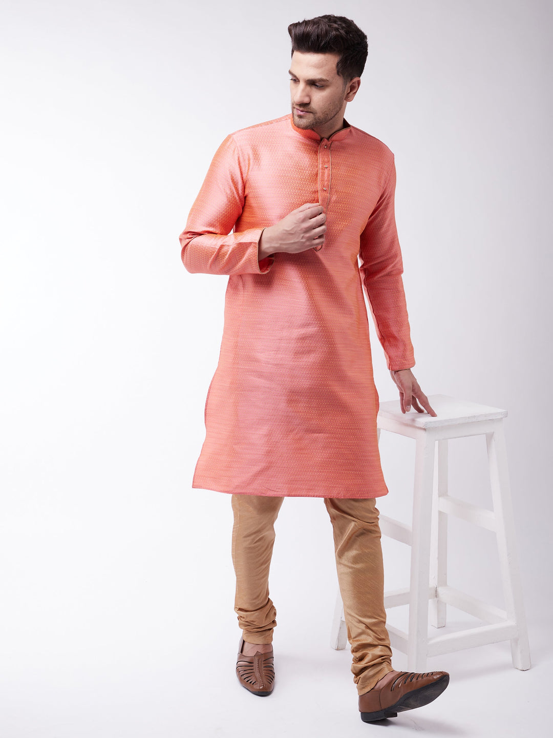 VM BY VASTRAMAY Men's Pink Silk Blend Kurta