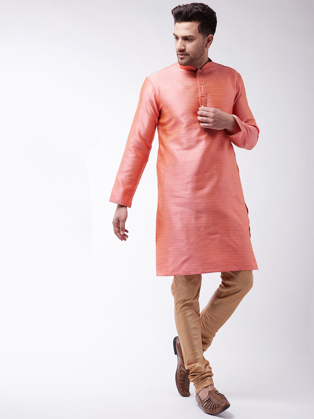 Vastramay Silk Blend Pink and Rose Gold Baap Beta Kurta Pyjama set