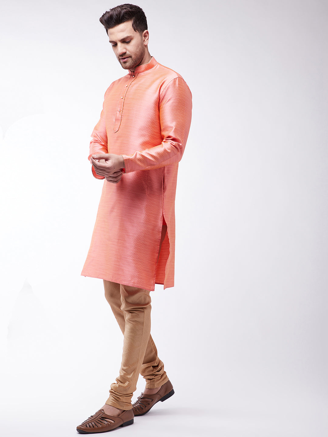 VM By VASTRAMAY Men's Pink And Rose Gold Silk Blend Kurta With Churidar Set