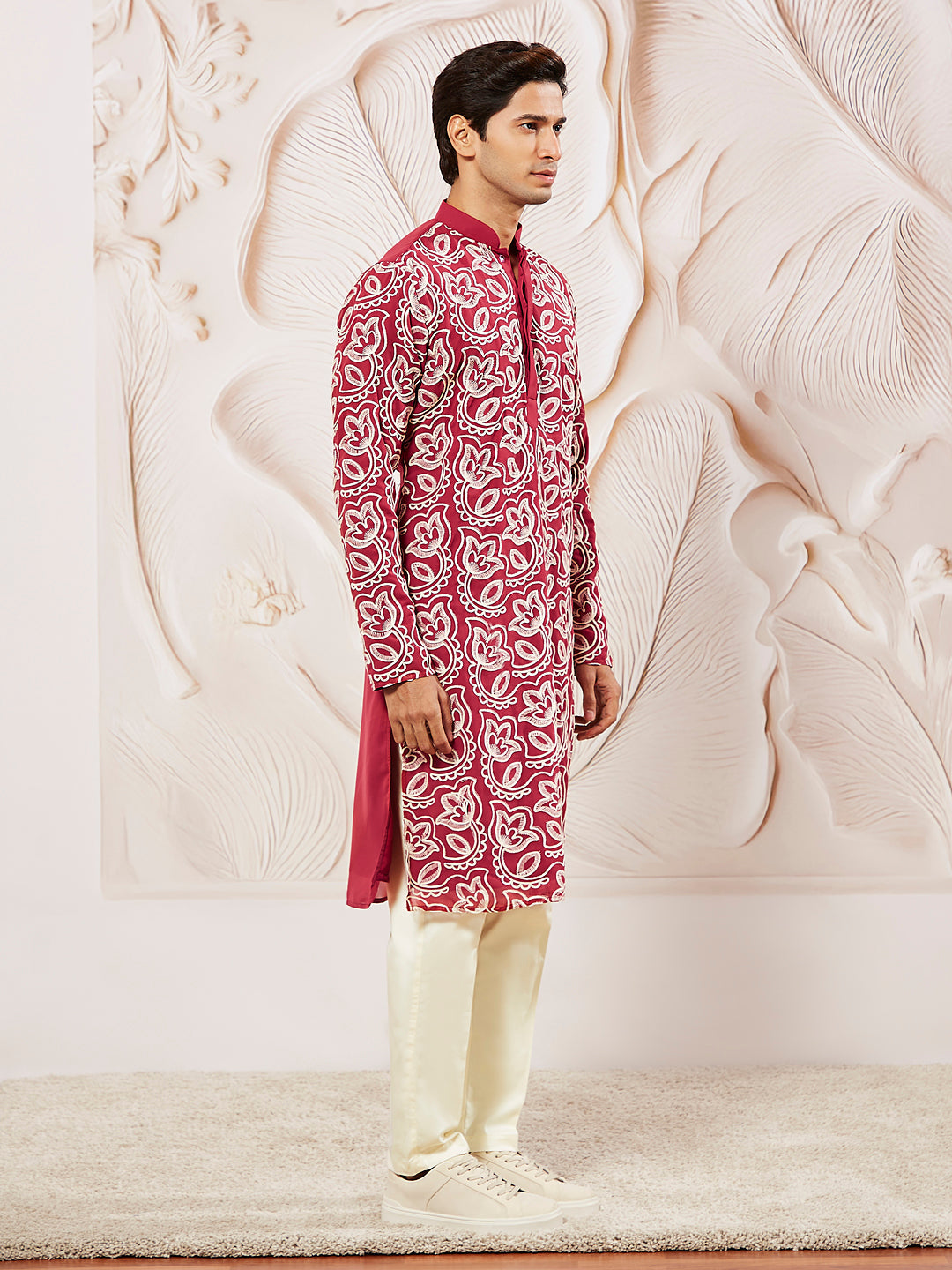 Men's Maroon Georgette Kurta And Pyjama Set