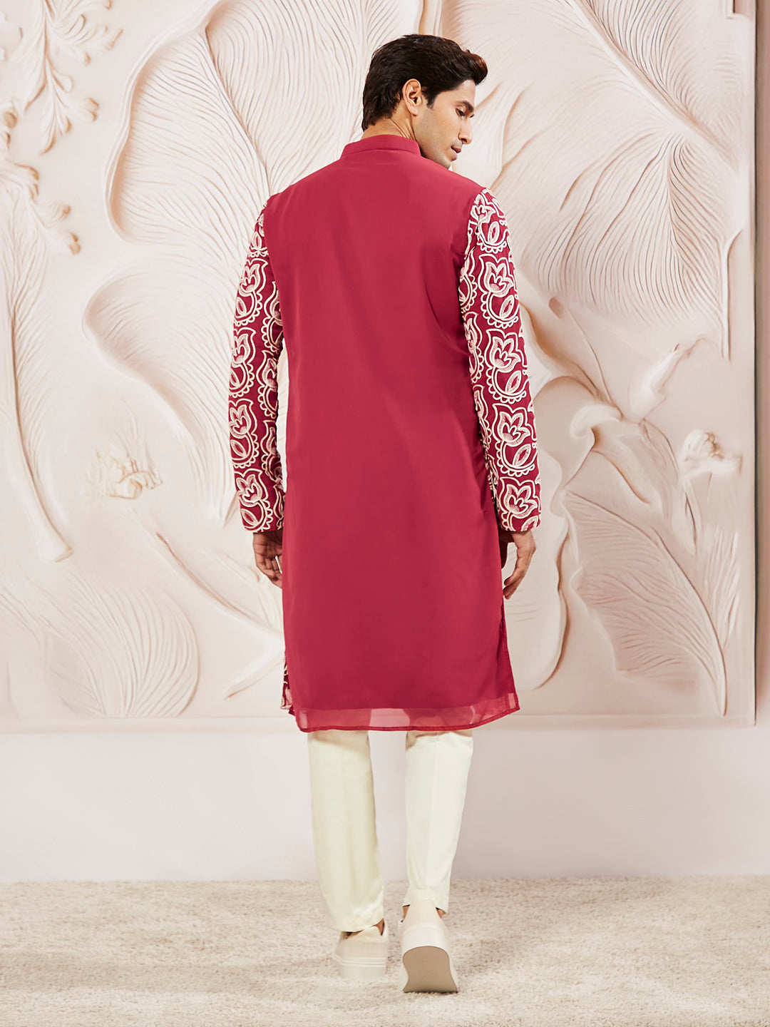 Men's Maroon Georgette Kurta Pyjama And Dupatta Set