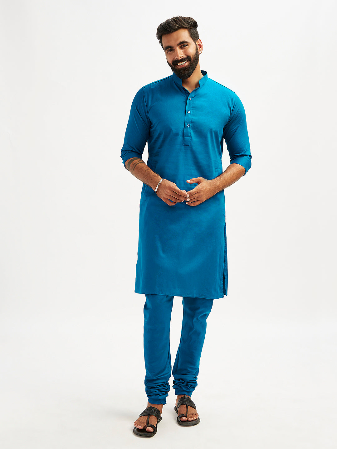 Men's Blue Cotton Blend Kurta Pyjama Set