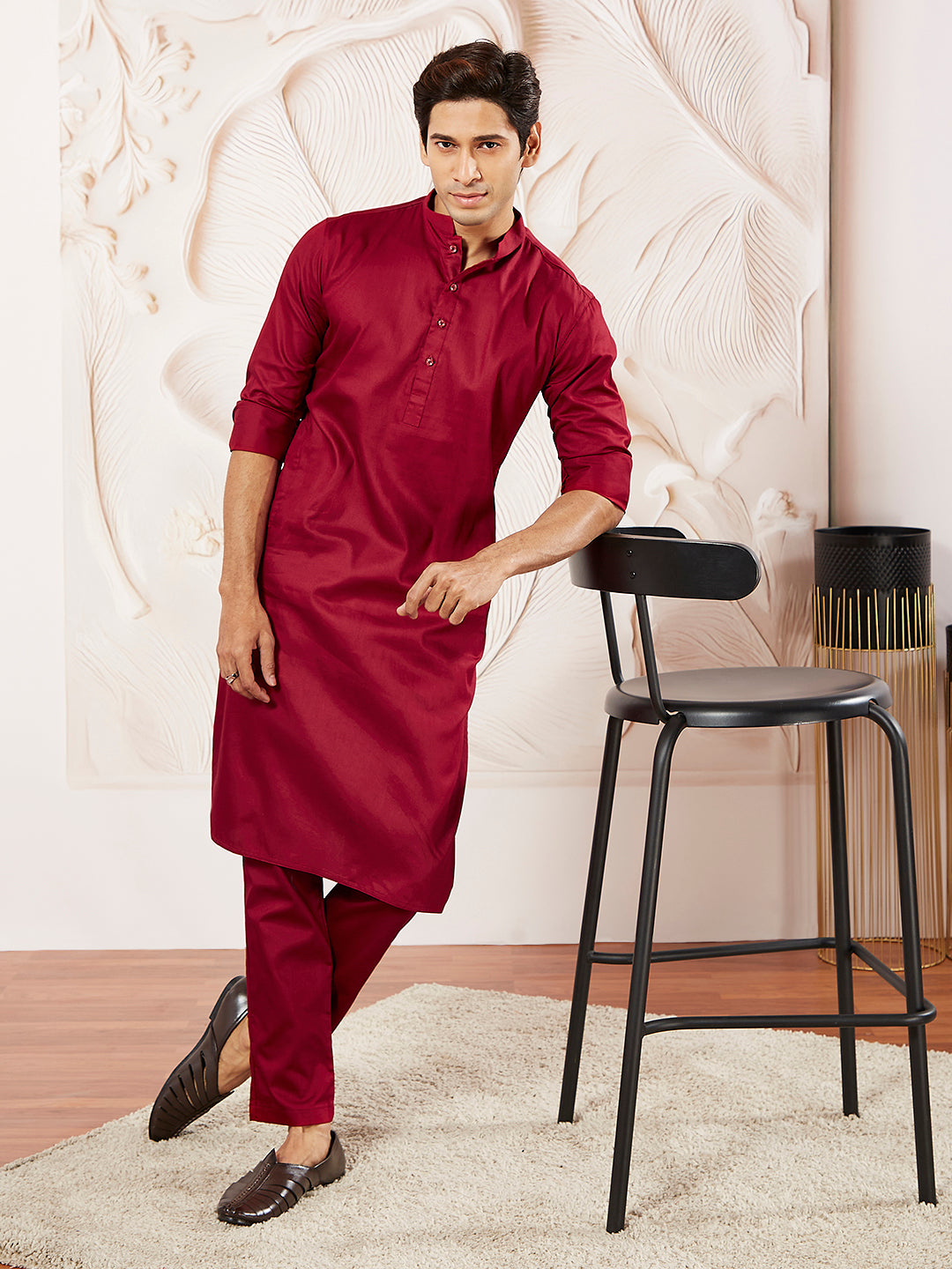Men's Maroon Cotton Blend Kurta Pyjama Set