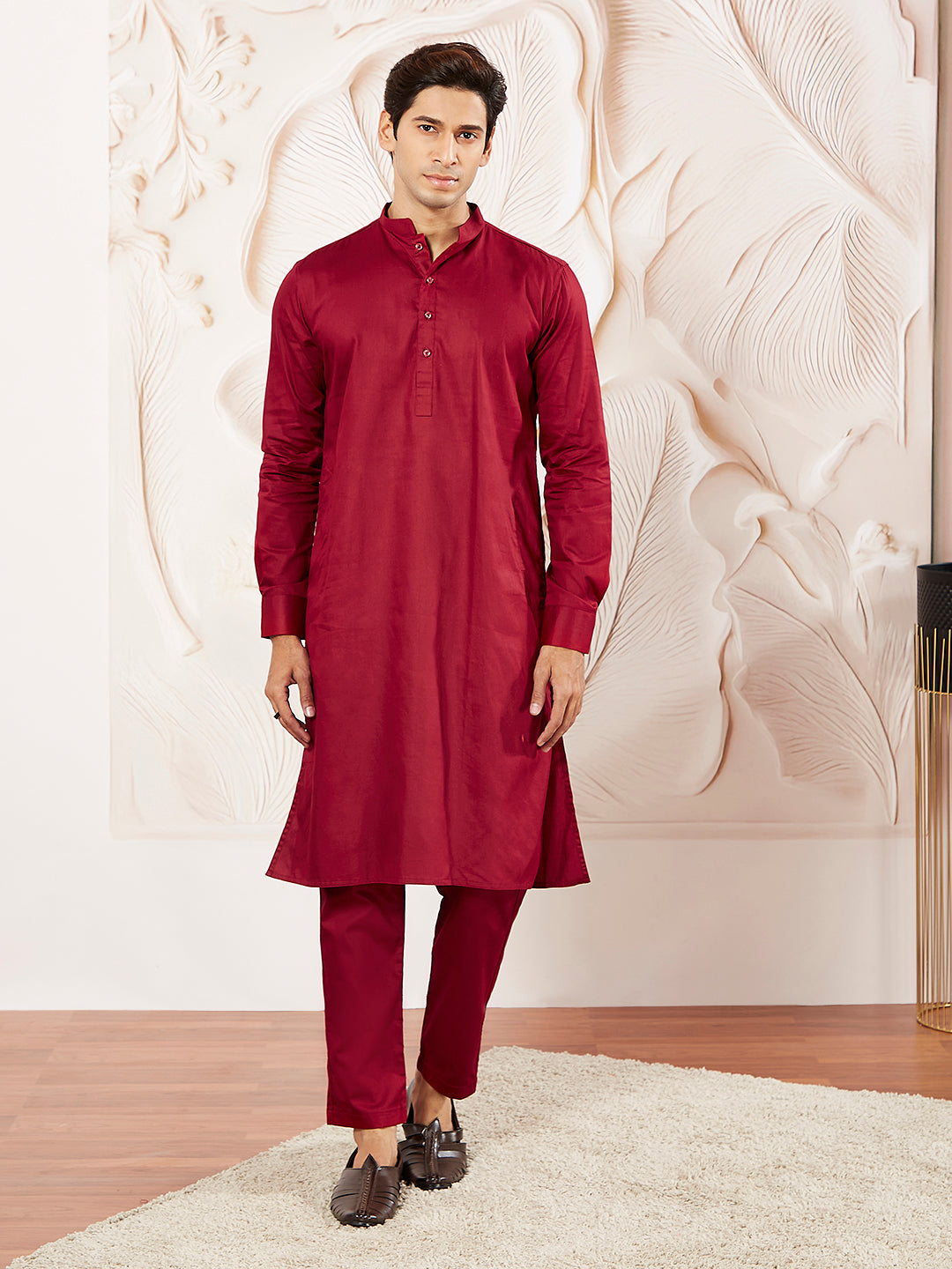 Men's Maroon Cotton Blend Kurta Pyjama Set