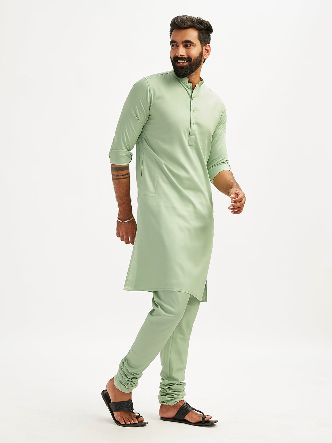 Men's Mint Green Cotton Blend Kurta Pyjama Set