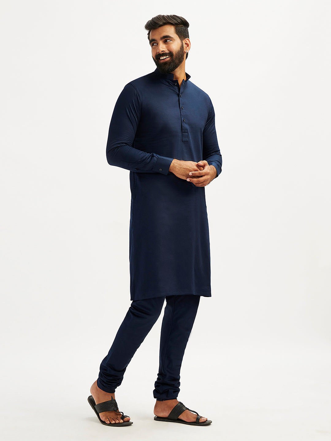 Men's Navy Blue Cotton Blend Kurta Pyjama Set