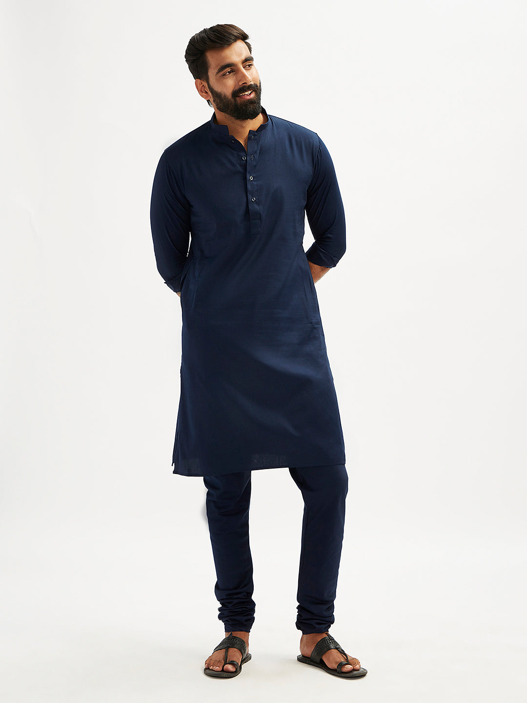 Men's Navy Blue Cotton Blend Kurta Pyjama Set