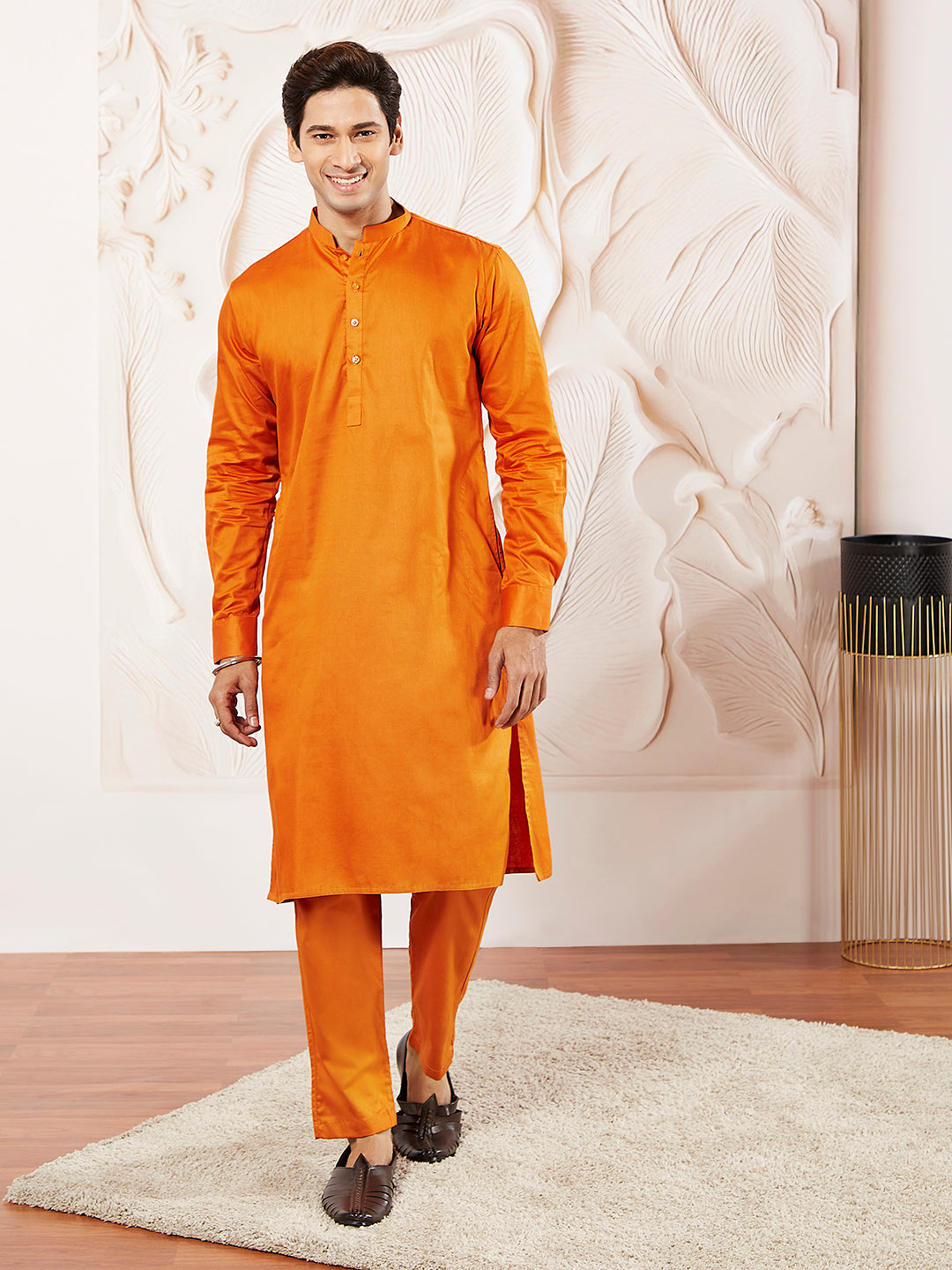 Men's Orange Cotton Blend Kurta Pyjama Set