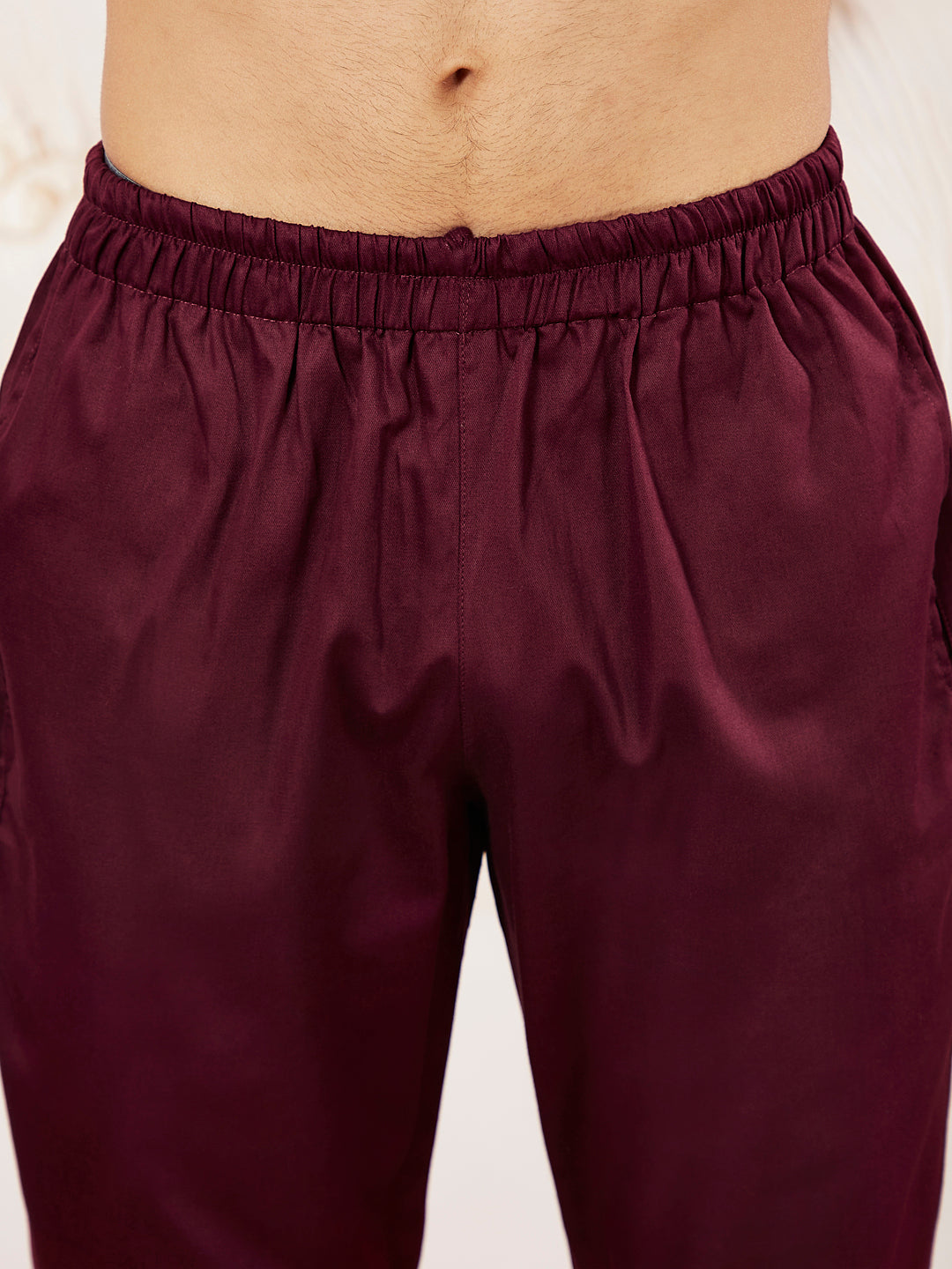 Men's Wine Cotton Blend Kurta Pyjama Set