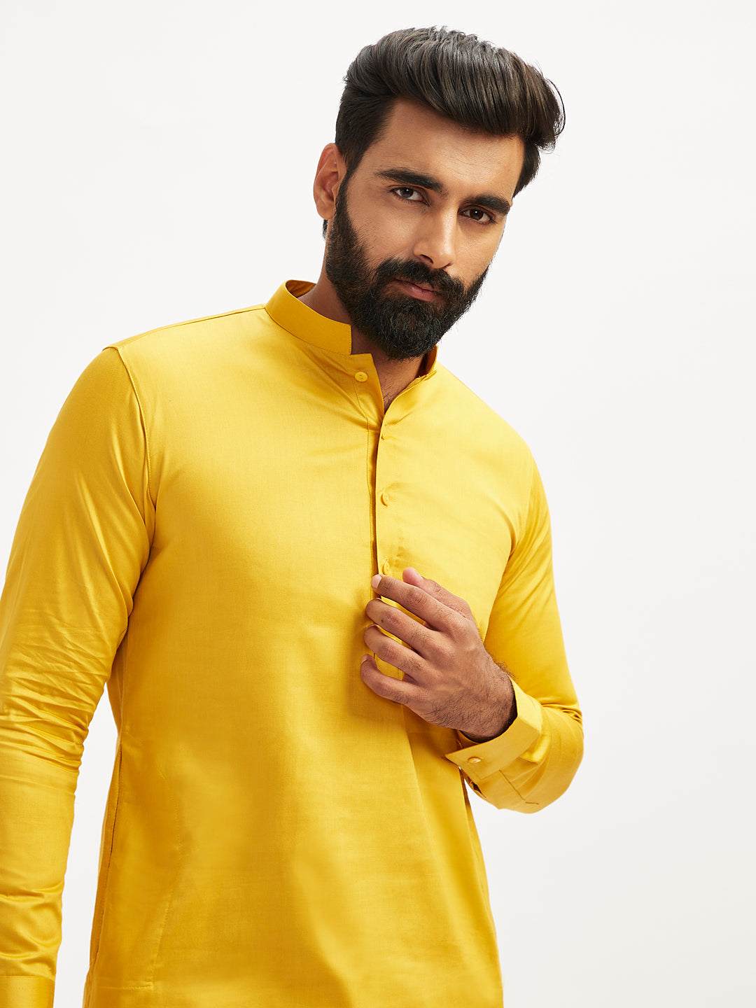 Men's Yellow Cotton Blend Kurta Pyjama Set