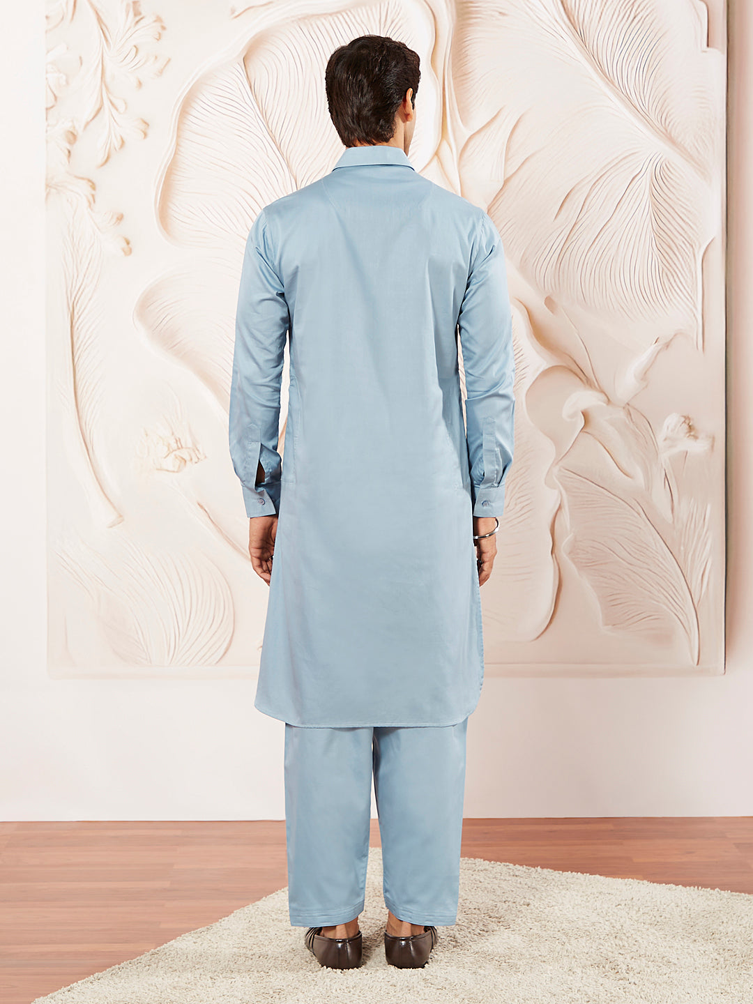 Men's Powder Blue Fine Satin Pathani Kurta Set