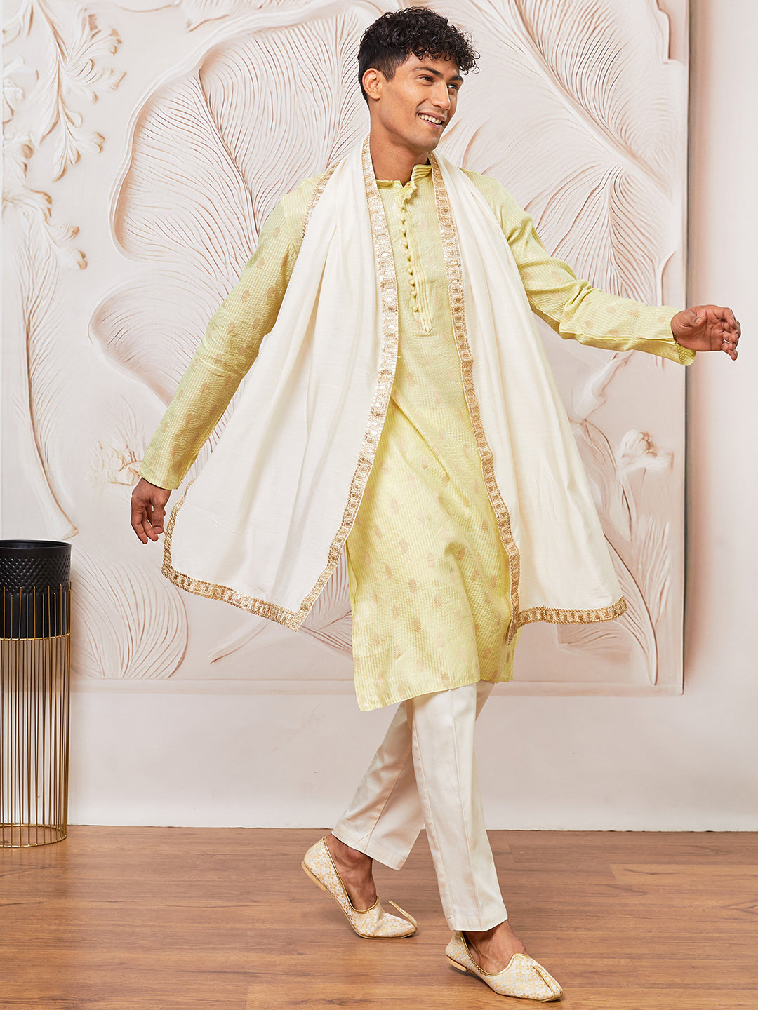 Men's Mint Green Cotton Blend Kurta,Pant And Dupatta Set