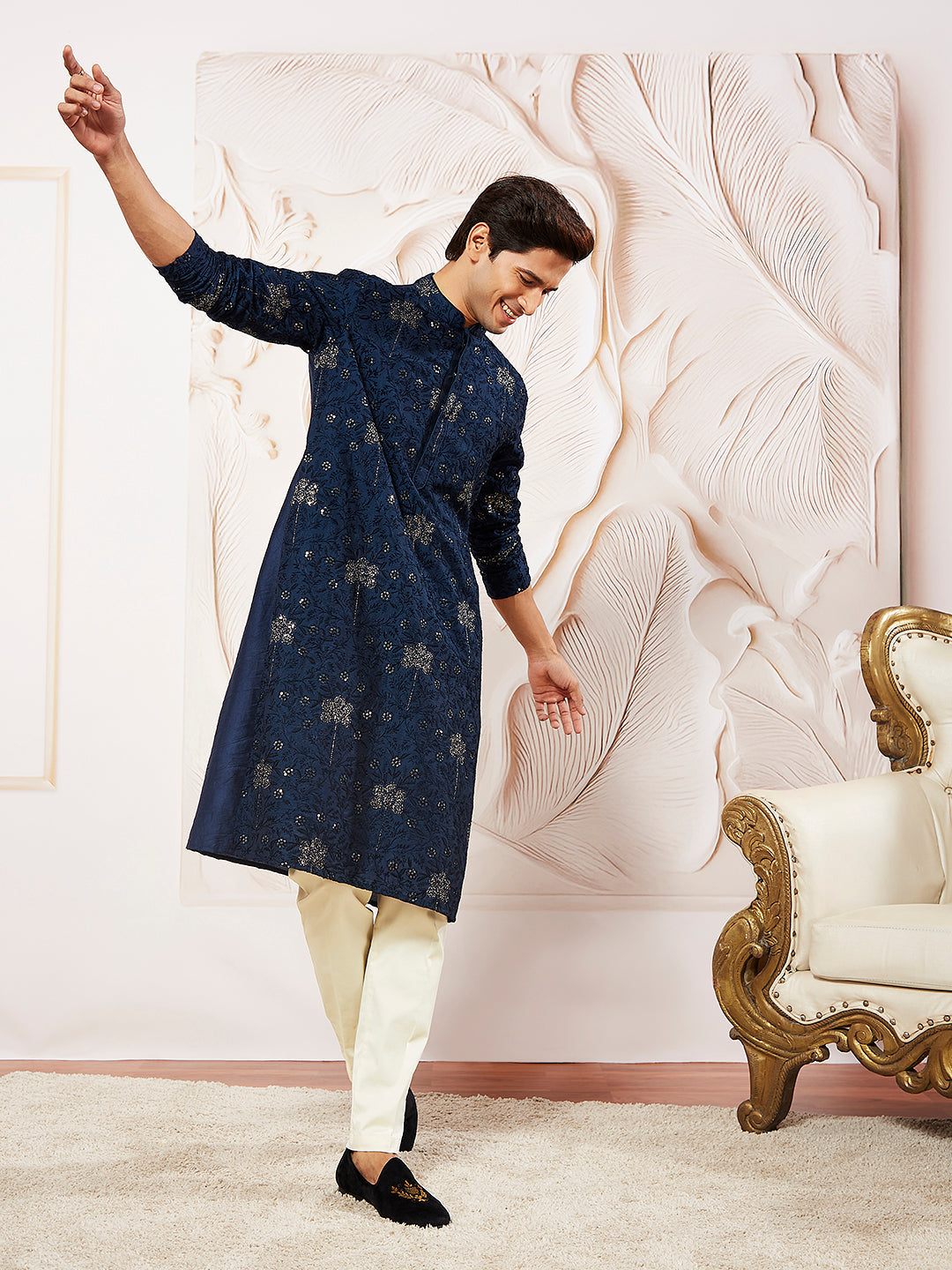 Men's Navy Blue Silk Blend Kurta