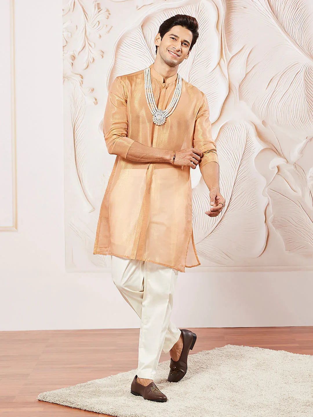 Men's Rust Tissue Silk Kurta Pyjama Set