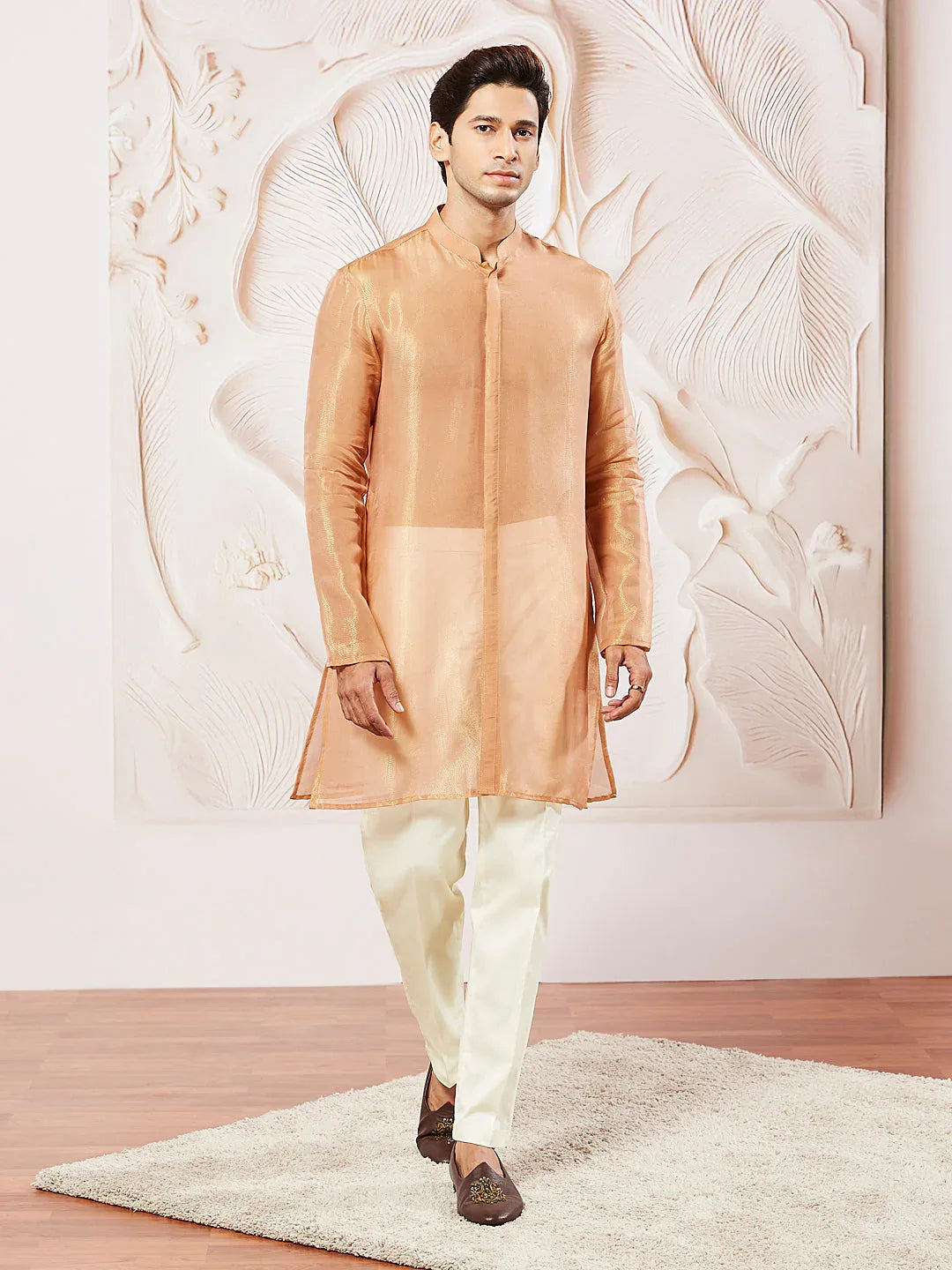 Men's Rust Tissue Silk Kurta Pyjama Set