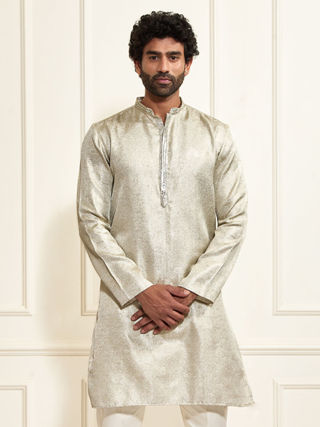 Men's Beige Tissue Silk Kurta