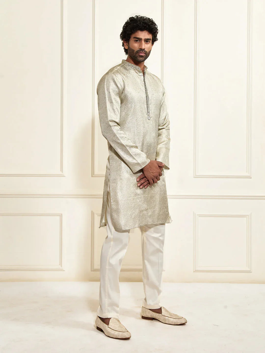 Men's Beige Tissue Silk Kurta And Pant Set.