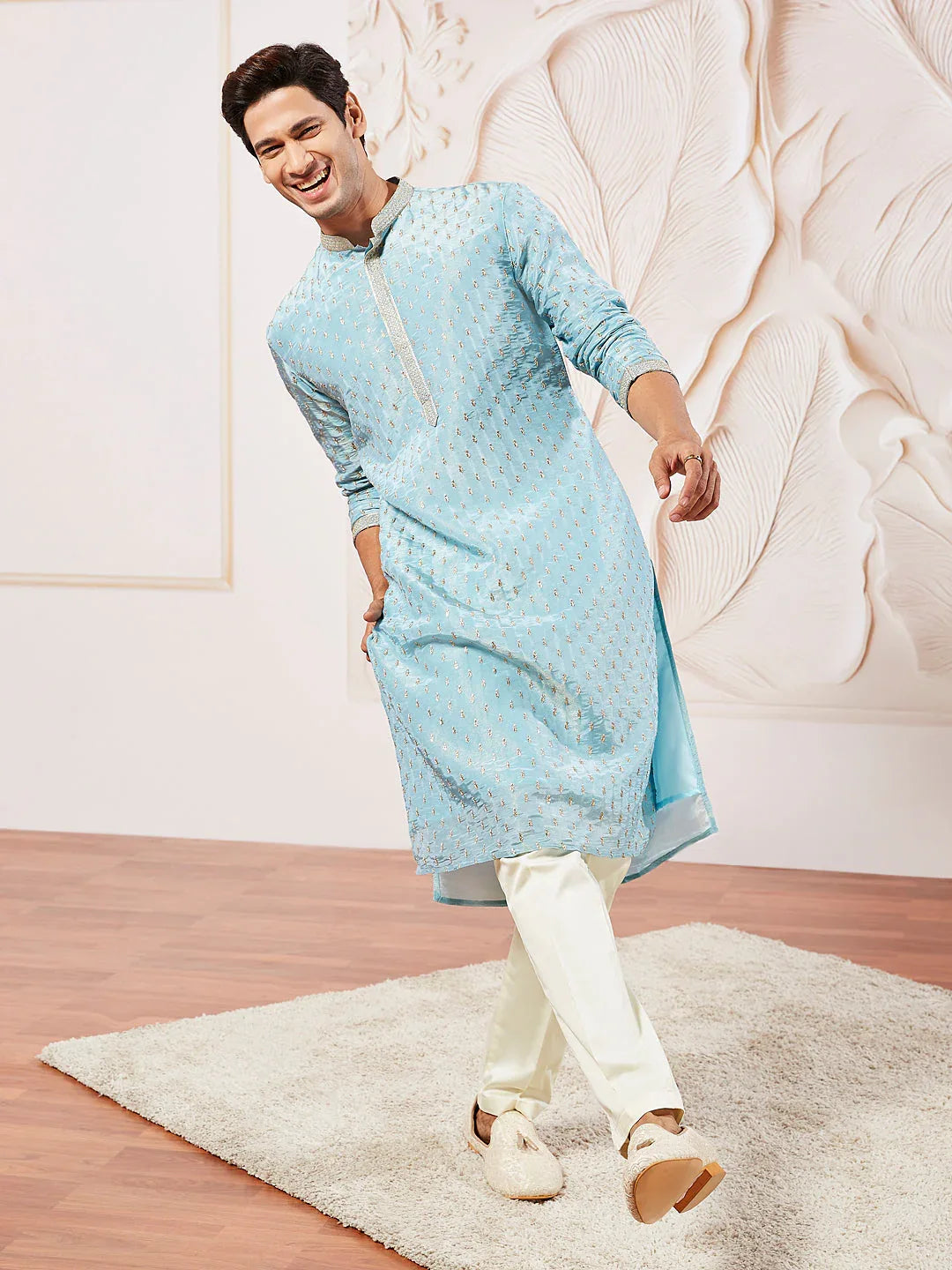 Men's Aqua Tissue Silk Kurta Pyjama Set