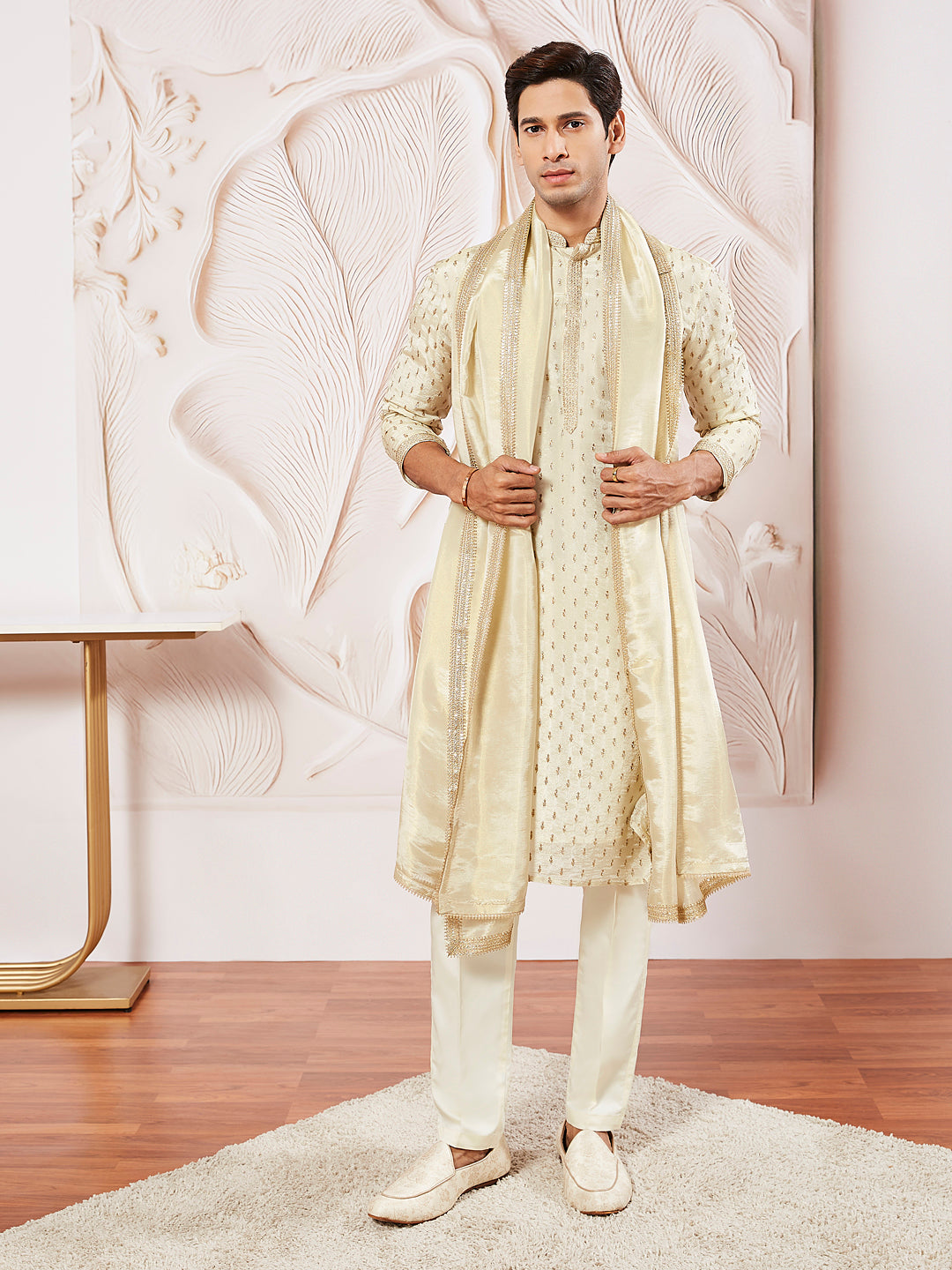 Men's Cream Tissue Silk Kurta Pyjama And Dupatta Set