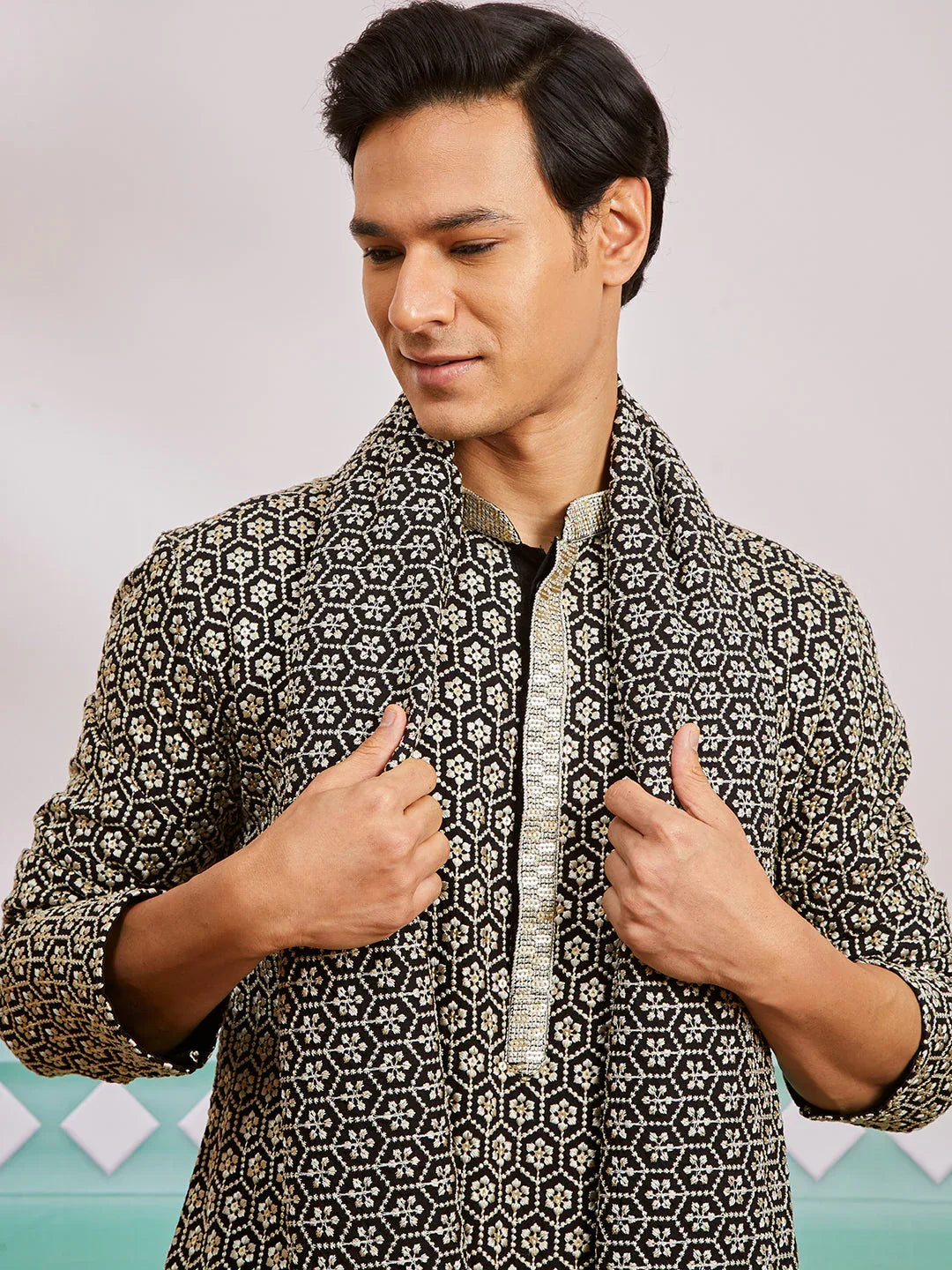 Men's Black Rayon Kurta, Pyjama And Dupatta Set.