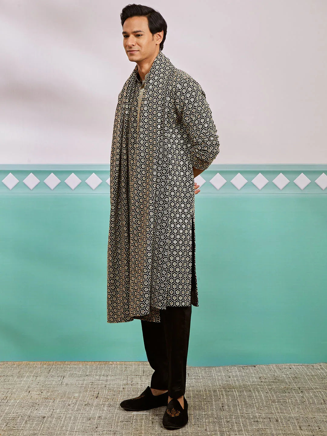 Men's Black Rayon Kurta, Pyjama And Dupatta Set.
