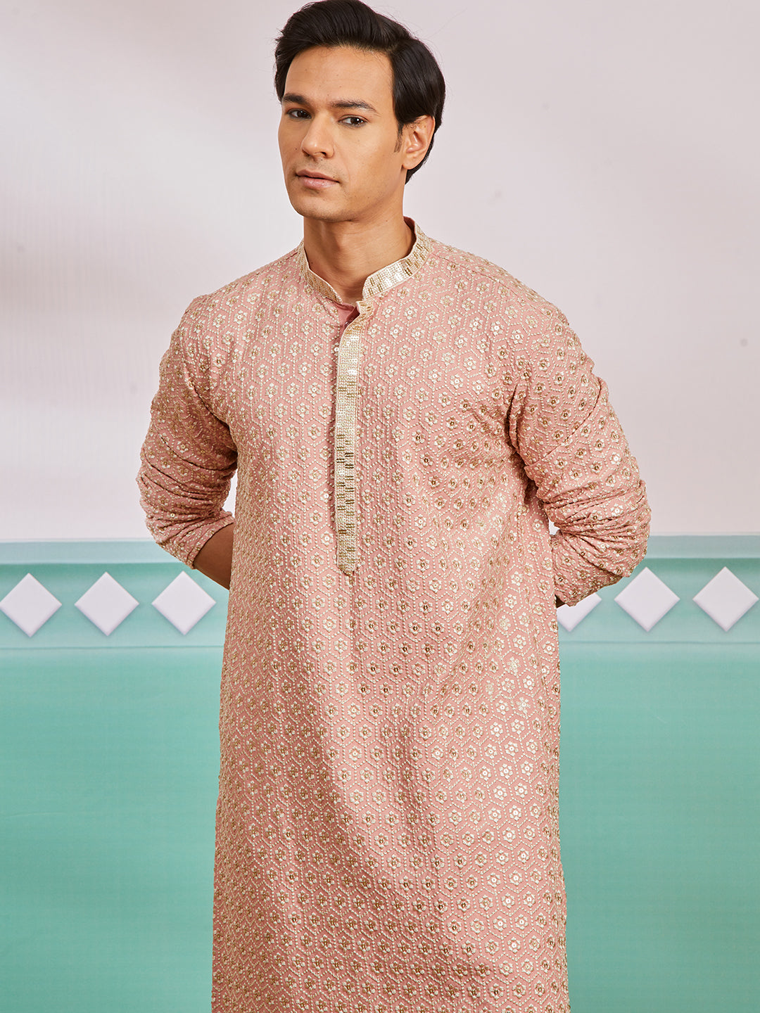 Men's Peach Rayon Kurta And Pyjama Set