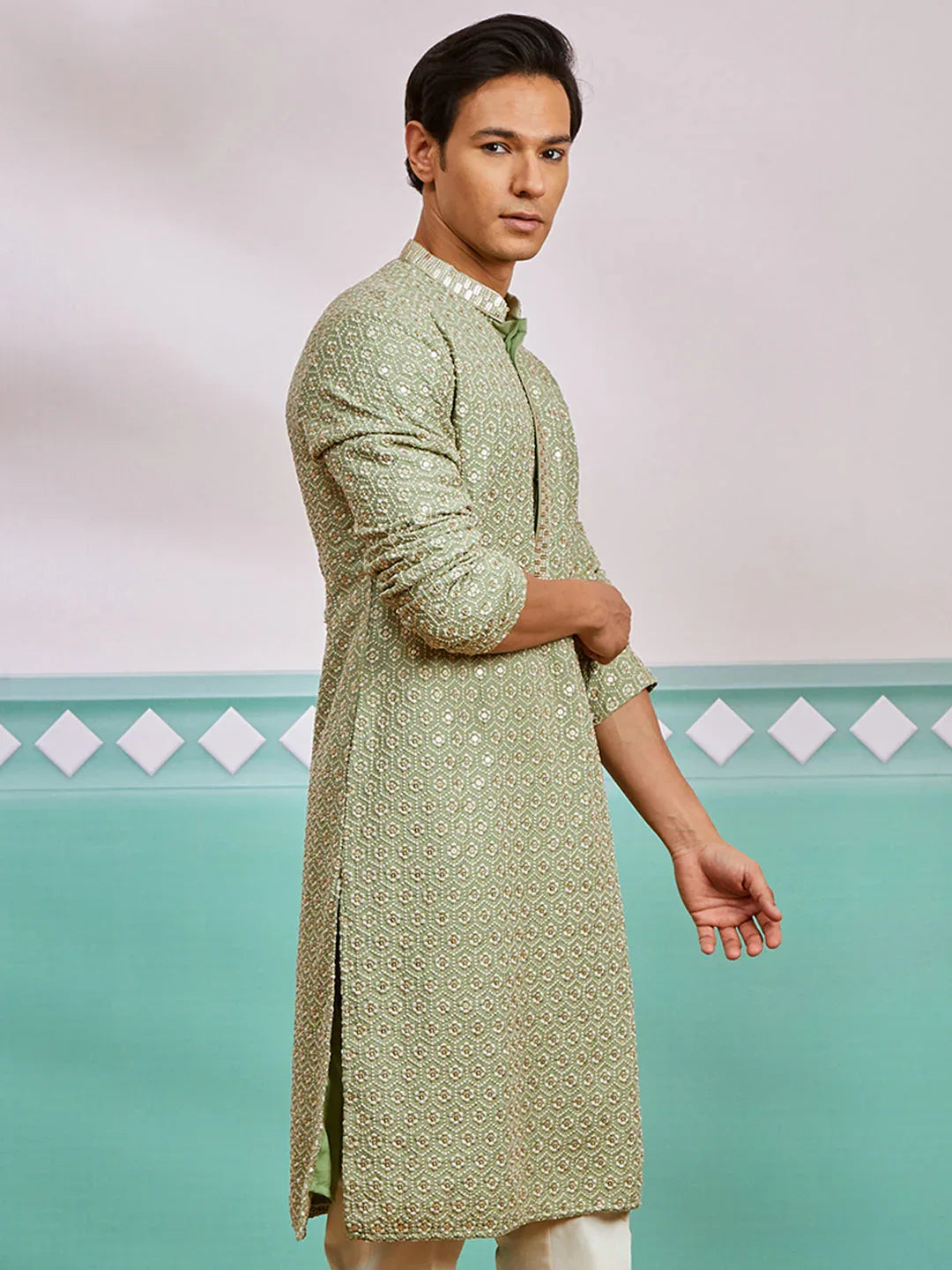Men's Pista Green Rayon Kurta