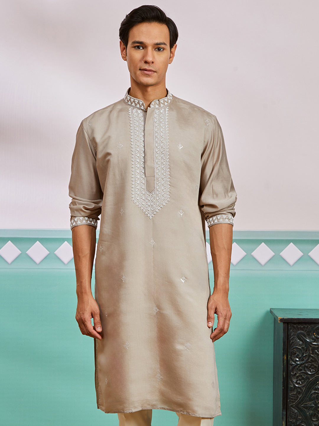 Men's Gray Silk Blend Kurta