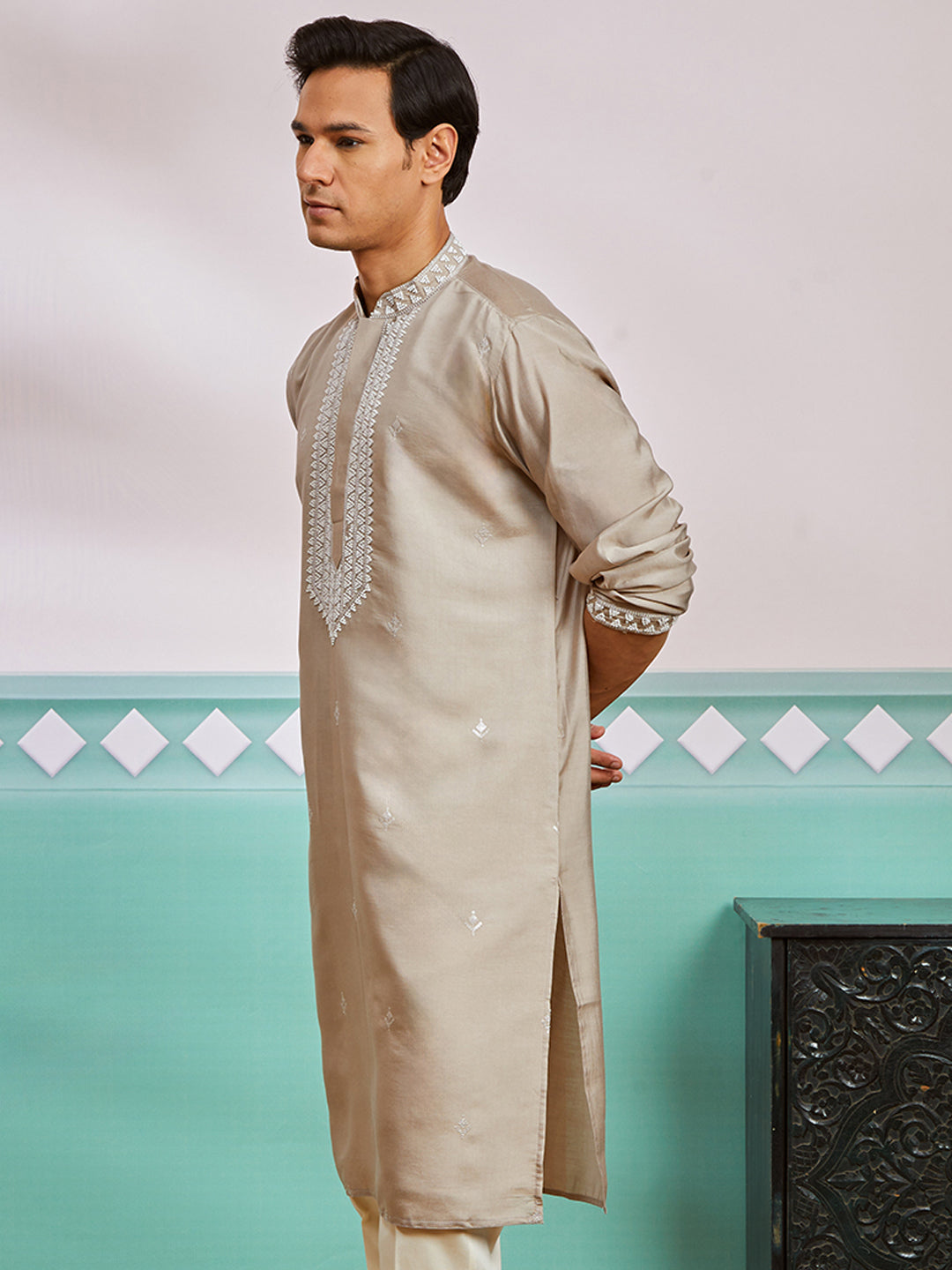 Men's Gray Silk Blend Kurta