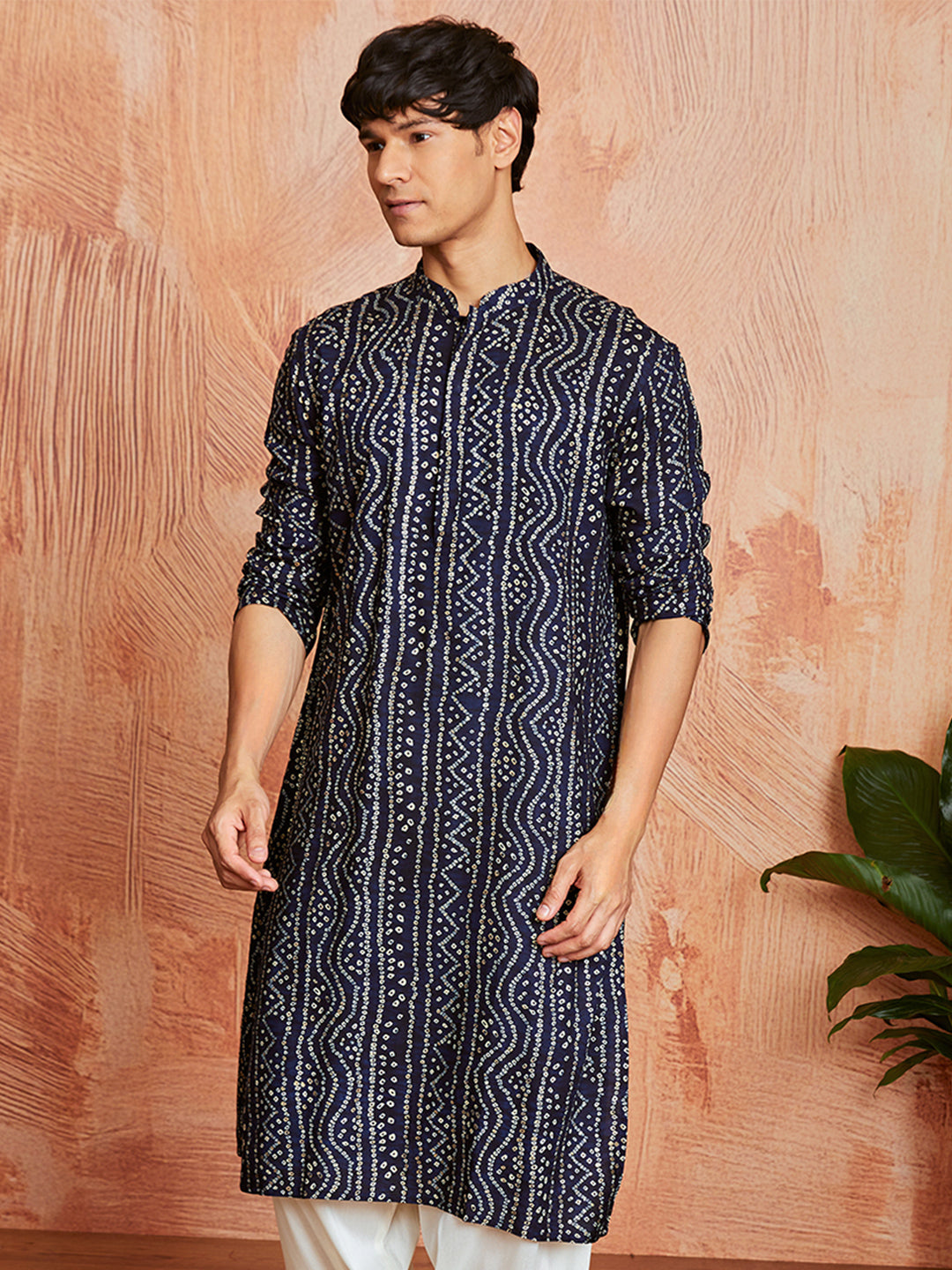 Men's Navy Blue Bandhni Rayon Kurta