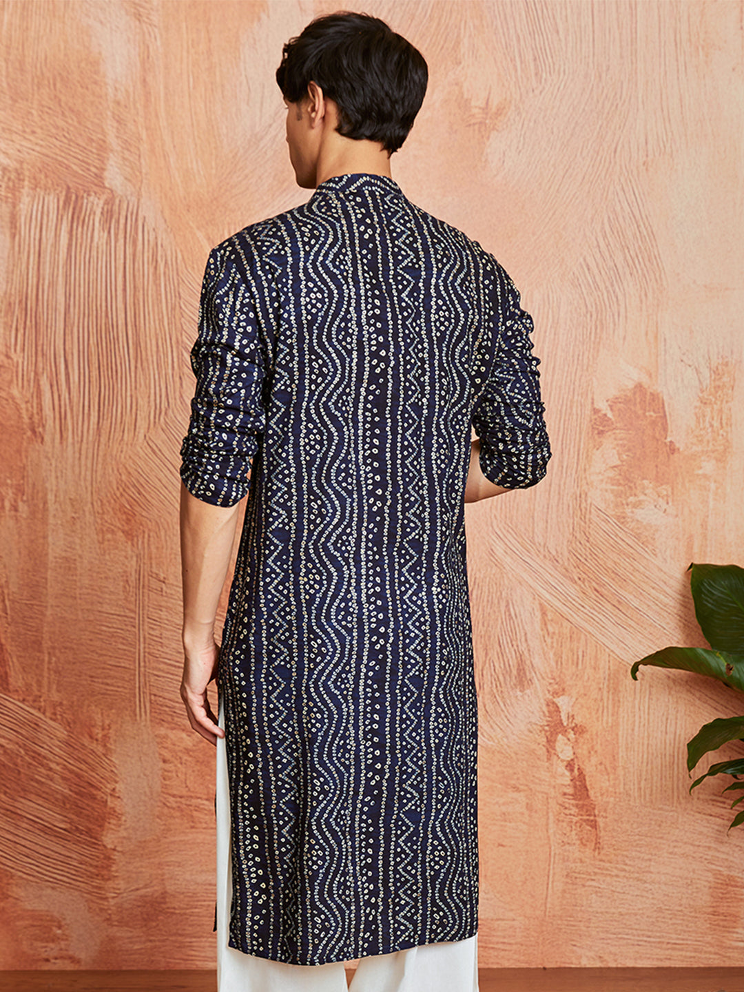 Men's Navy Blue Bandhni Rayon Kurta
