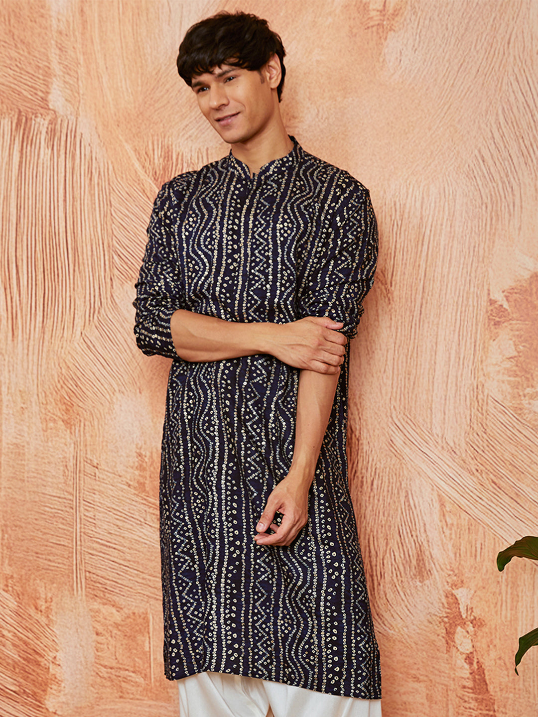 Men's Navy Blue Bandhni Rayon Kurta