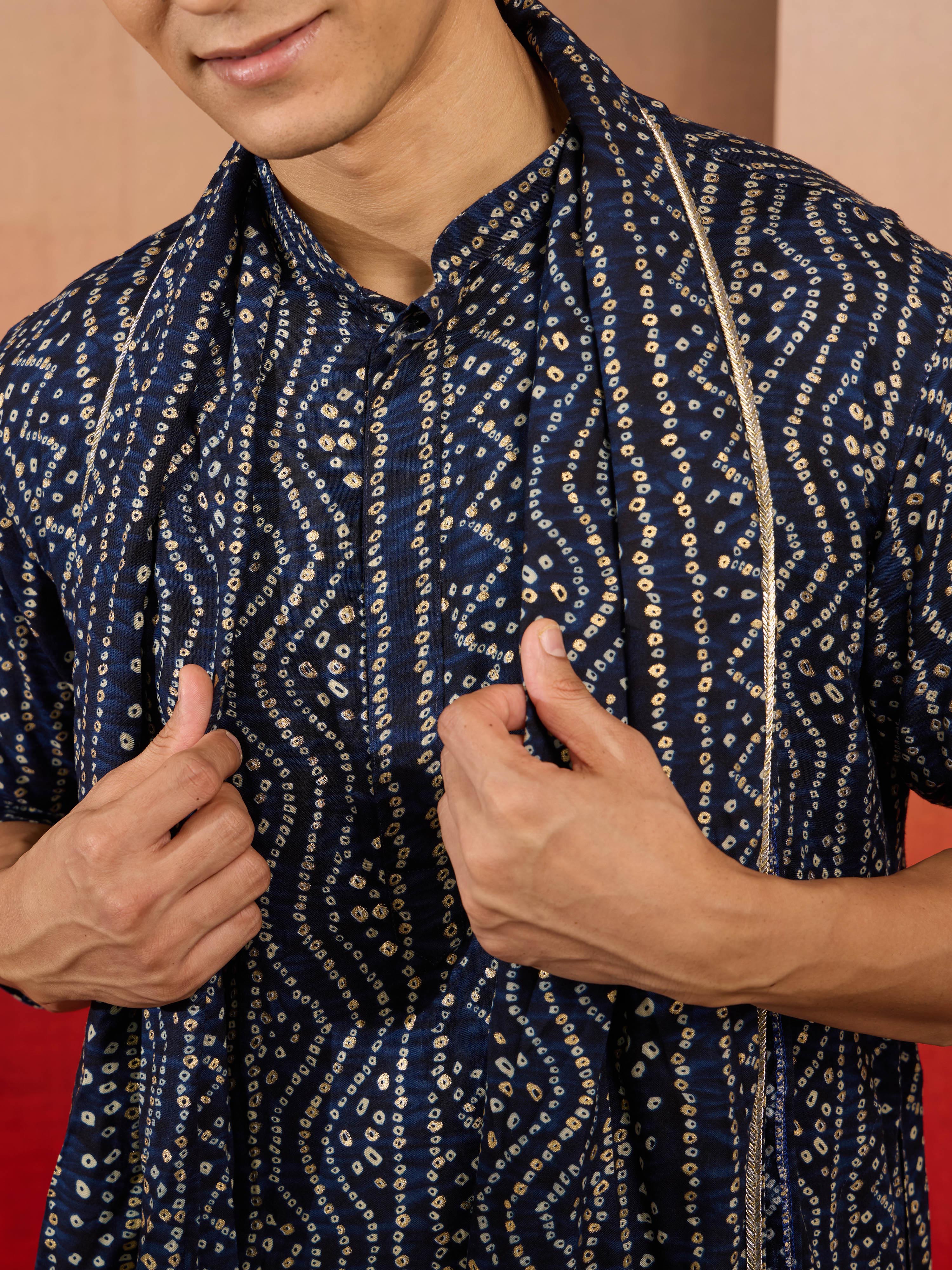 Men's Blue Bandhni Kurta Set with Cream Pant & Dupatta