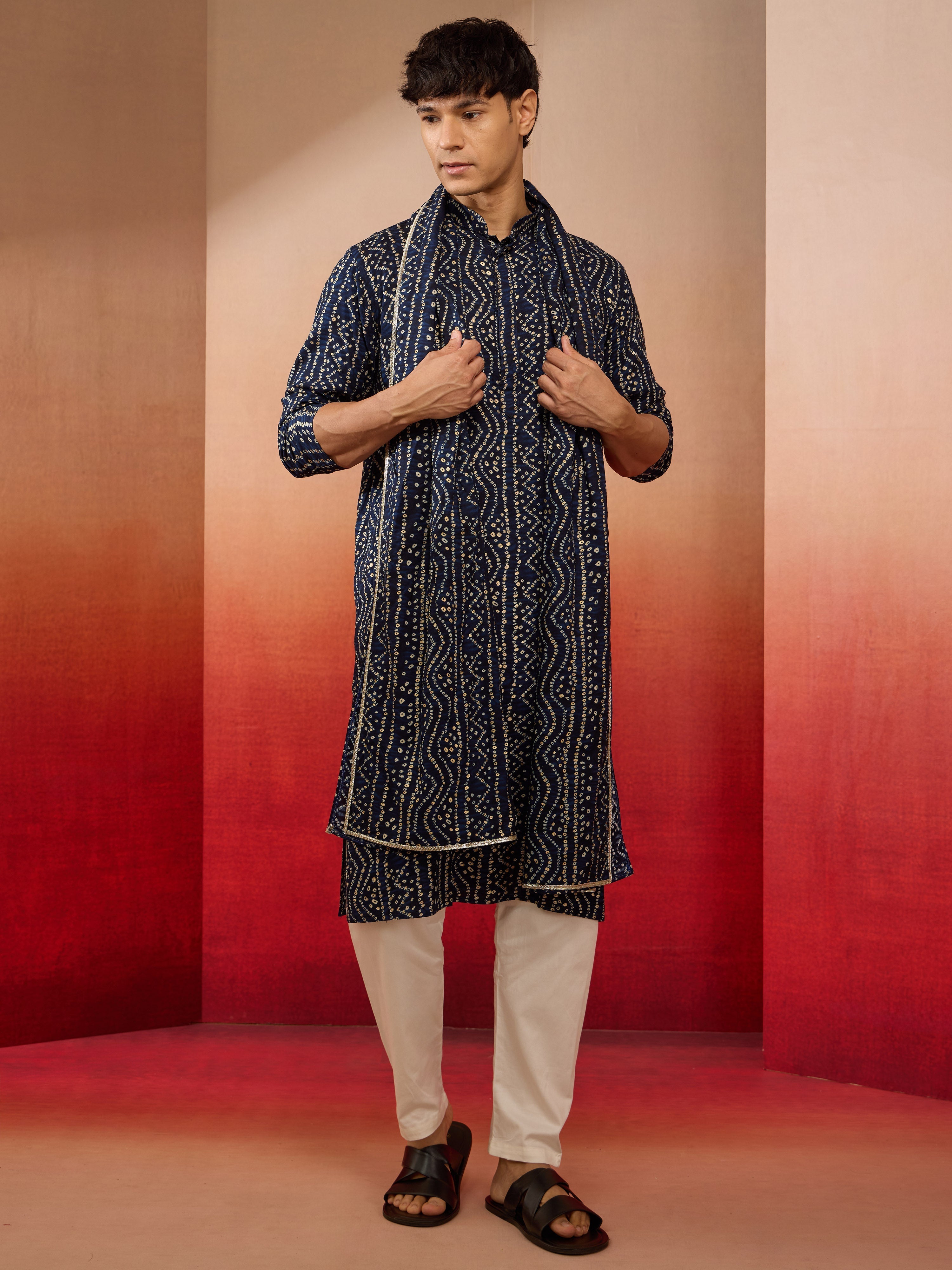 Mens Blue Bandhani Kurta Set with Cream Pant and Dupatta