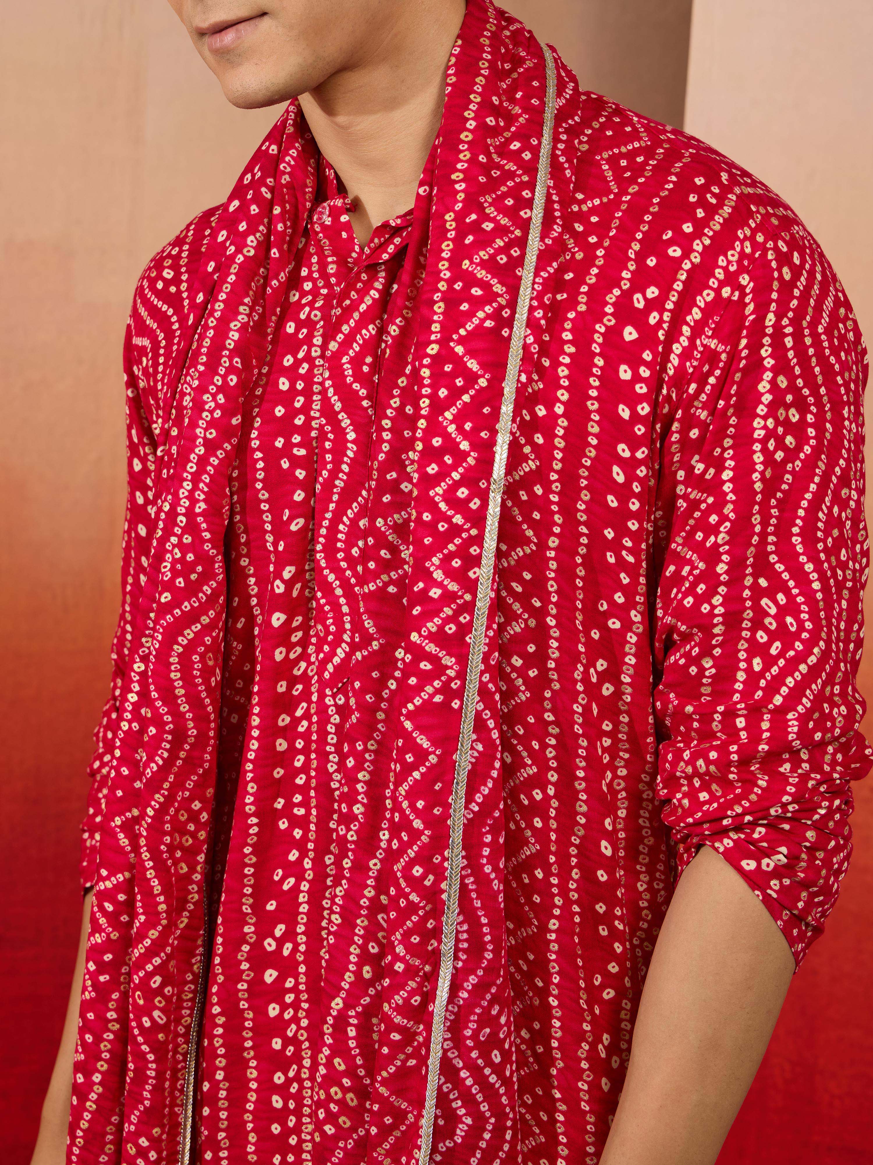 Men's Falsa Bandhni Kurta Set with Cream Pant & Dupatta