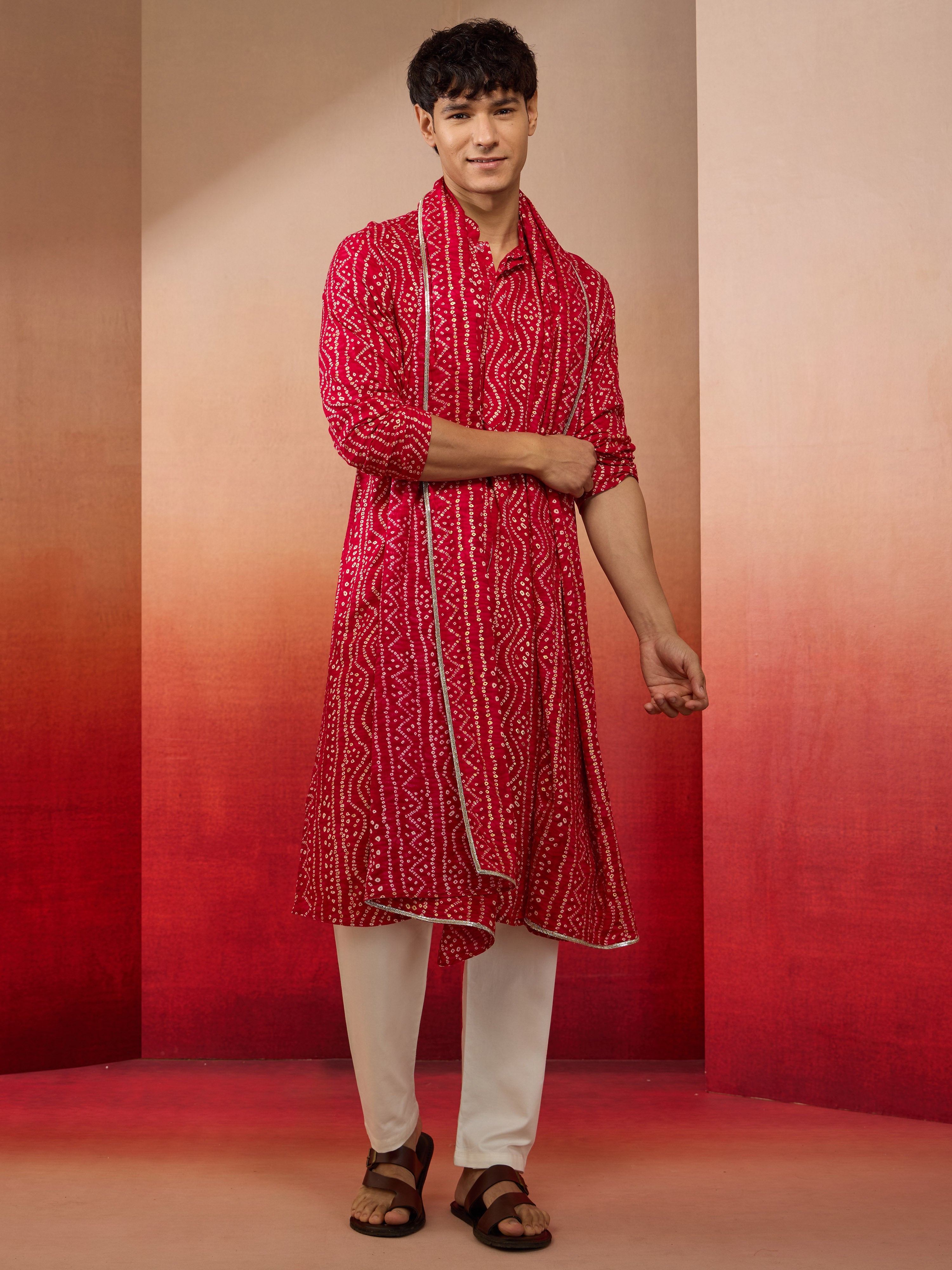 Men's Falsa Bandhni Kurta Set with Cream Pant & Dupatta
