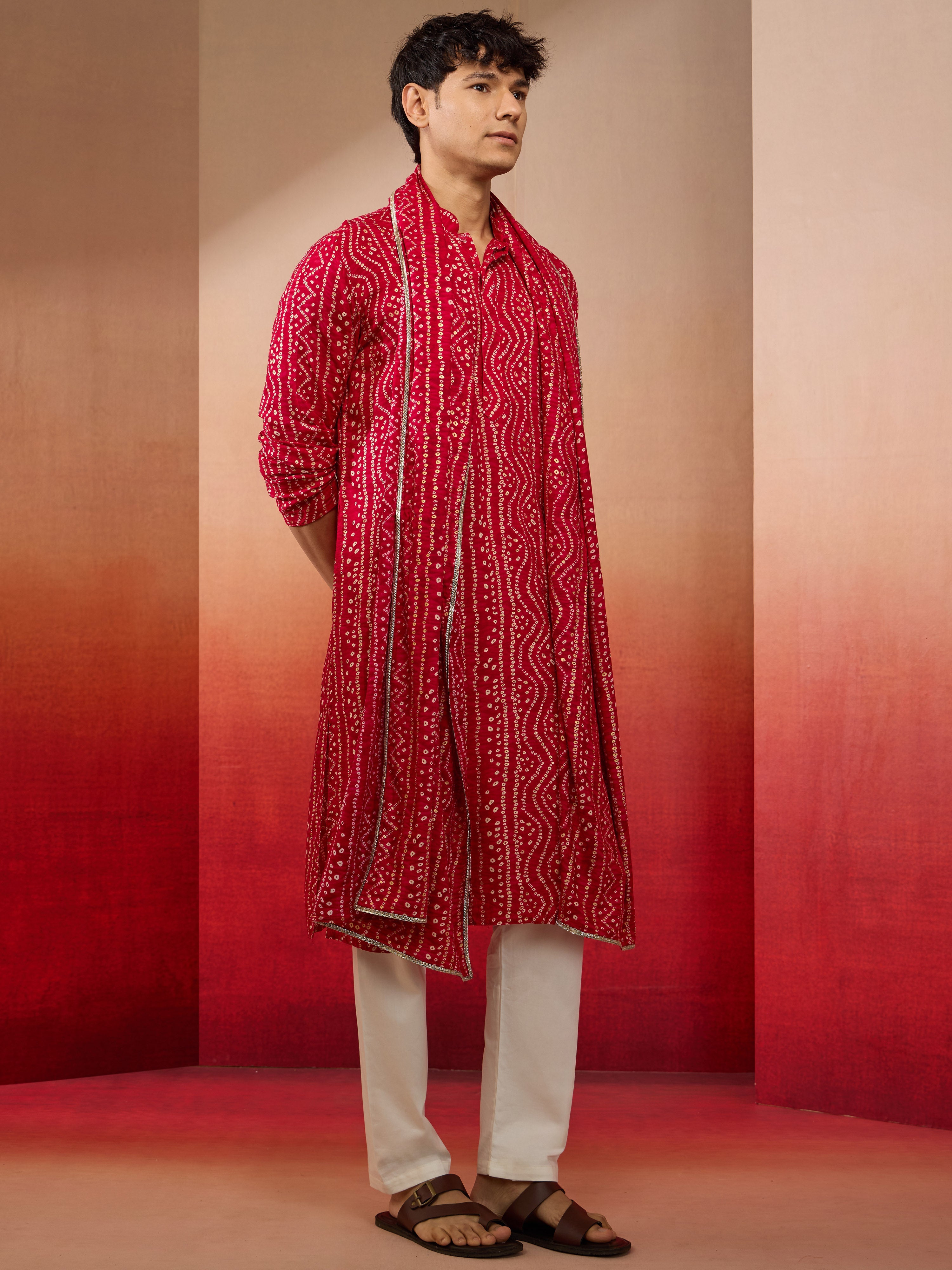 Men's Falsa Bandhni Kurta Set with Cream Pant & Dupatta