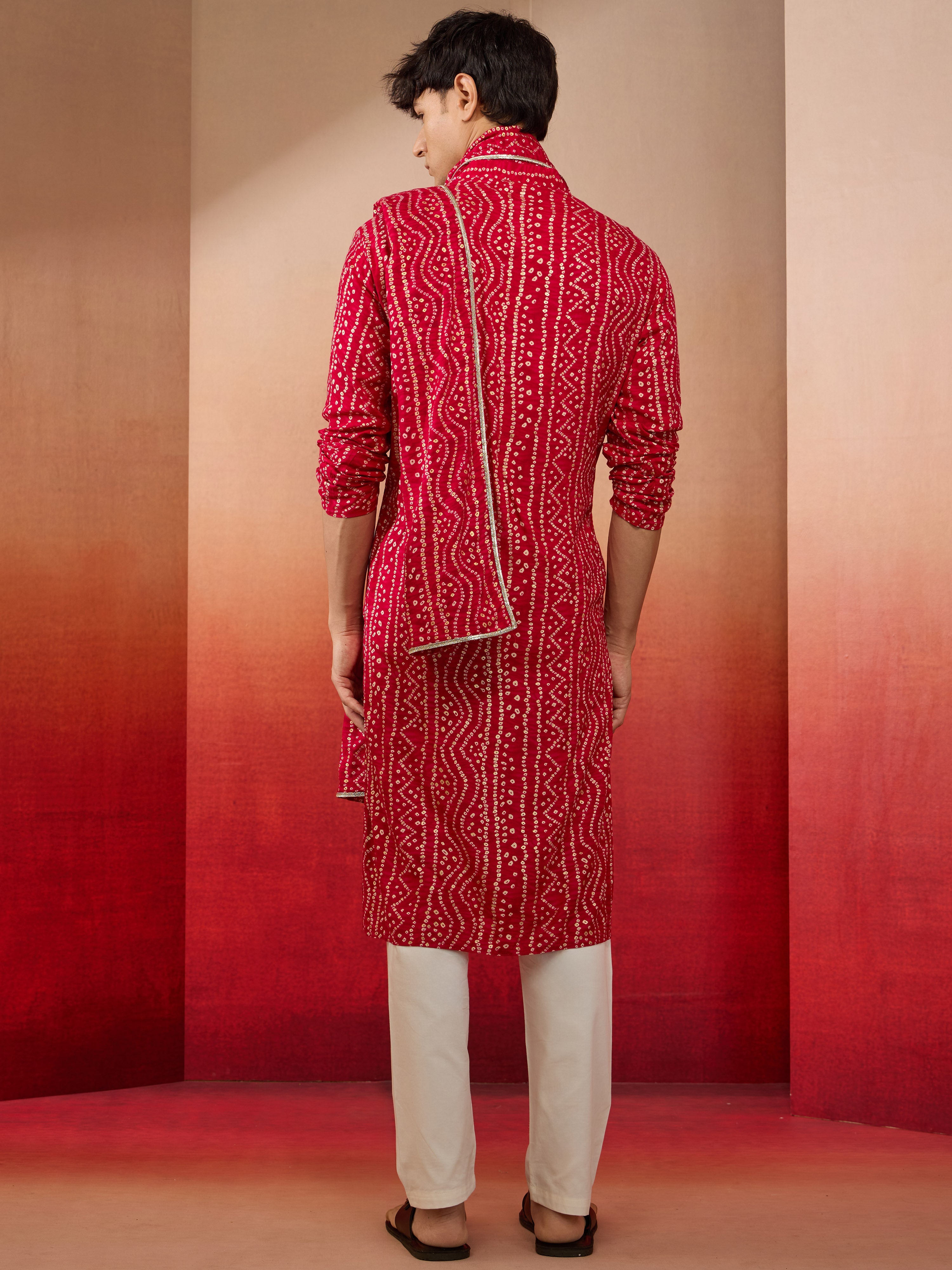 Men's Falsa Bandhni Kurta Set with Cream Pant & Dupatta