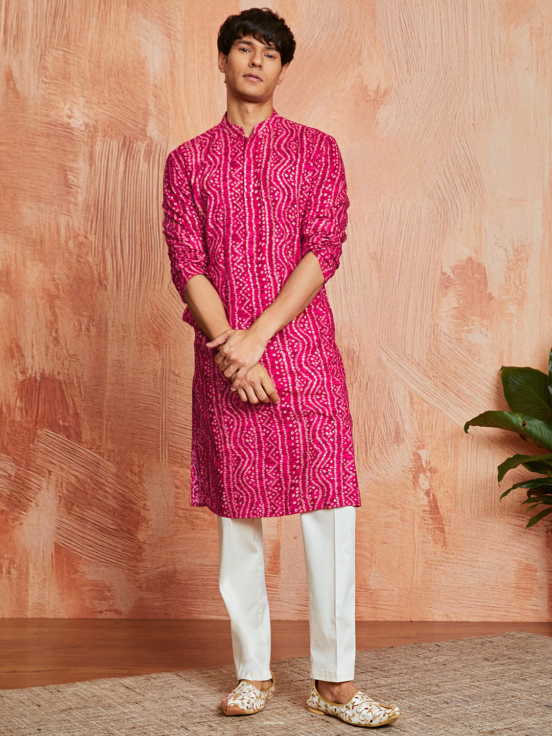 Men's Pink Bandhni Rayon Kurta & Pyjama Set
