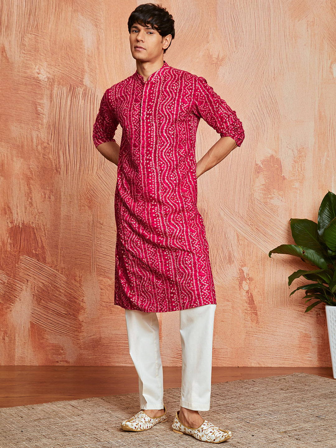 Men's Pink Bandhni Rayon Kurta & Pyjama Set