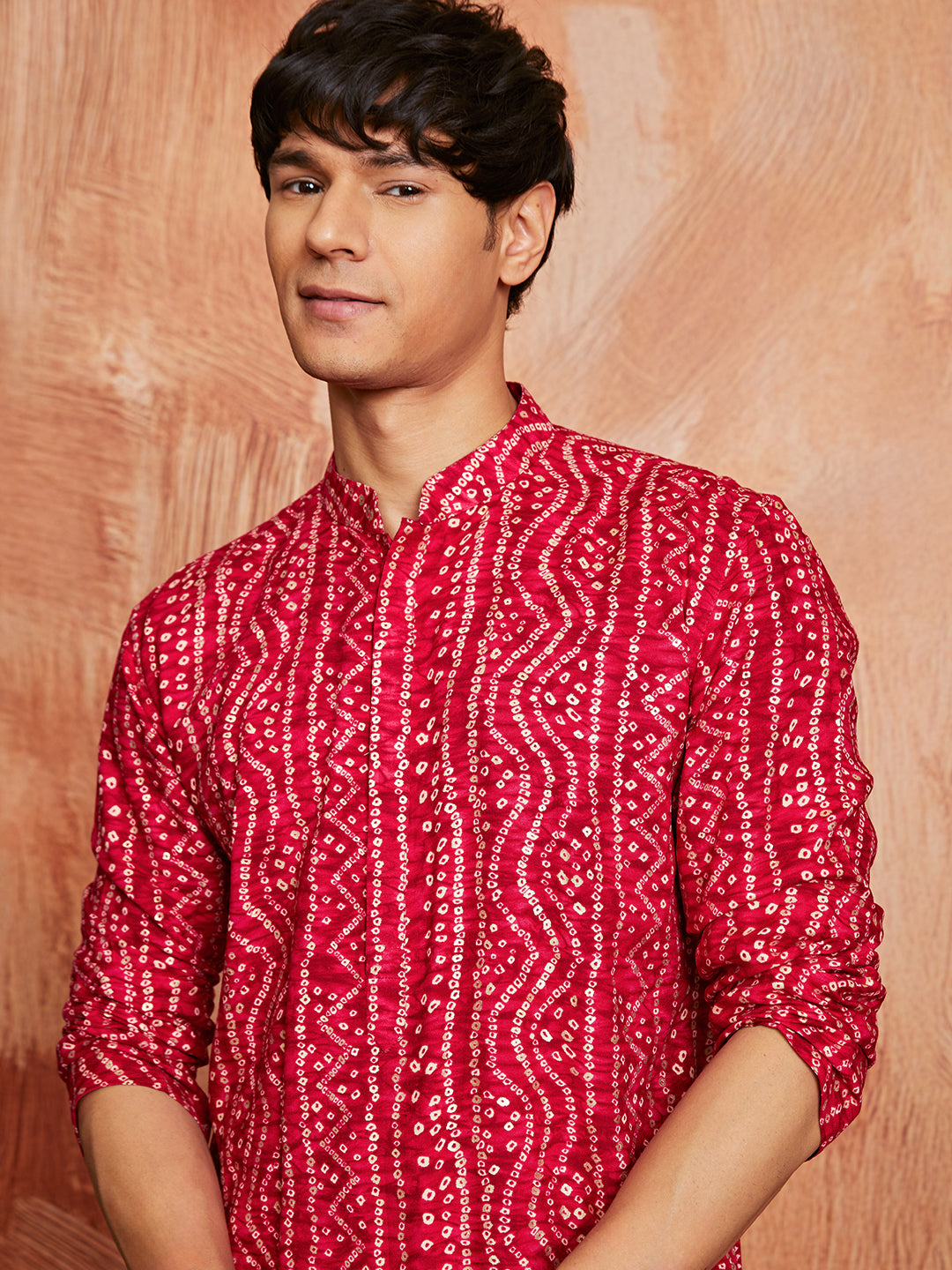 Men's Pink Bandhni Rayon Kurta & Pyjama Set