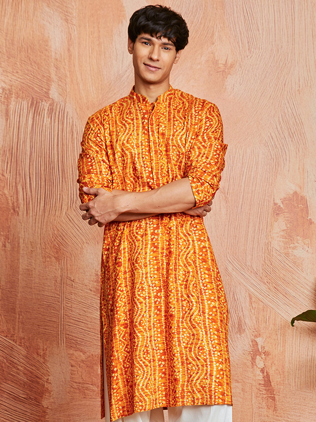 Men's Mustard Bandhni Rayon Kurta