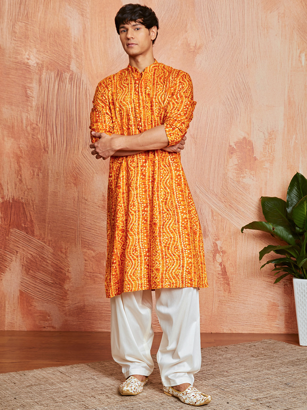 Men's Mustard Bandhni Rayon Kurta
