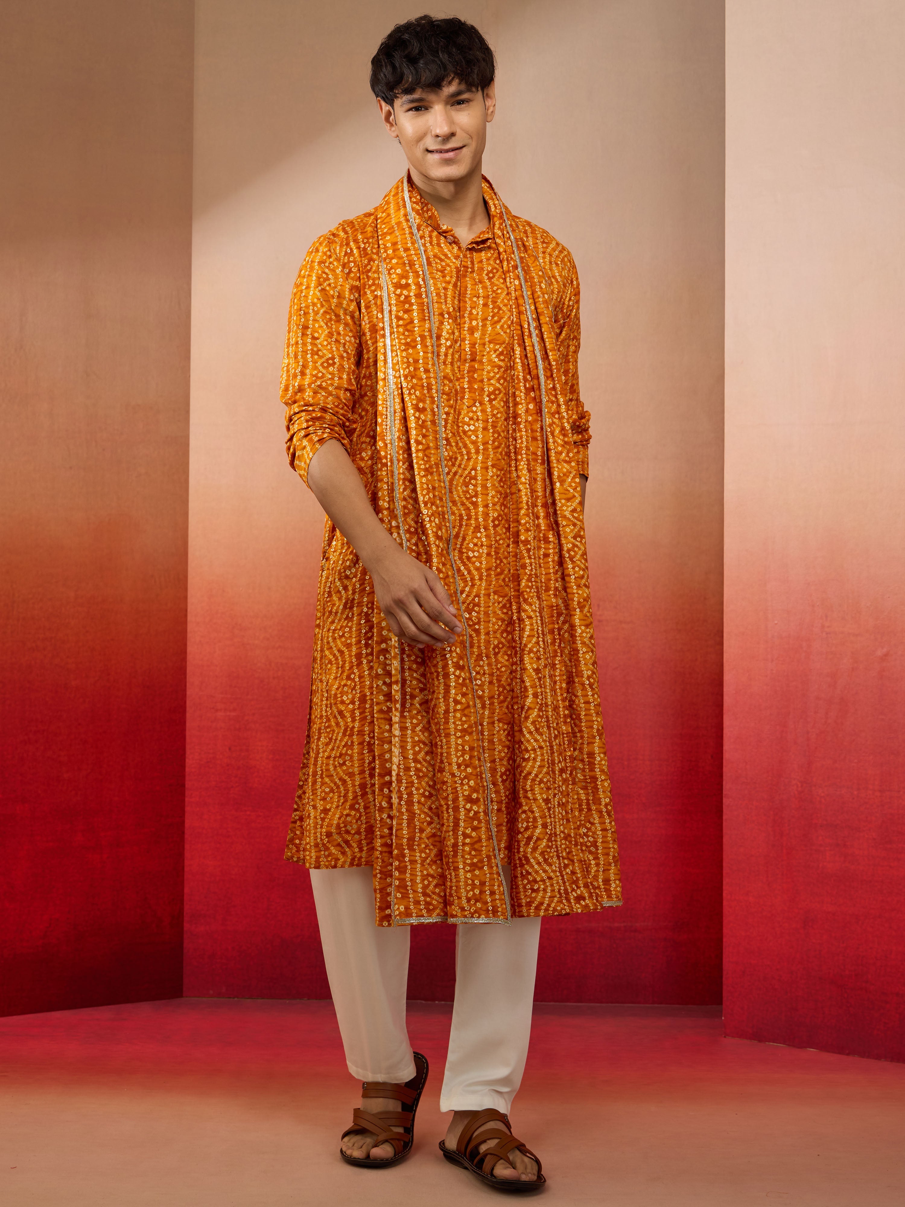 Men's Mustard Bandhni Kurta Set with Cream Pant & Dupatta