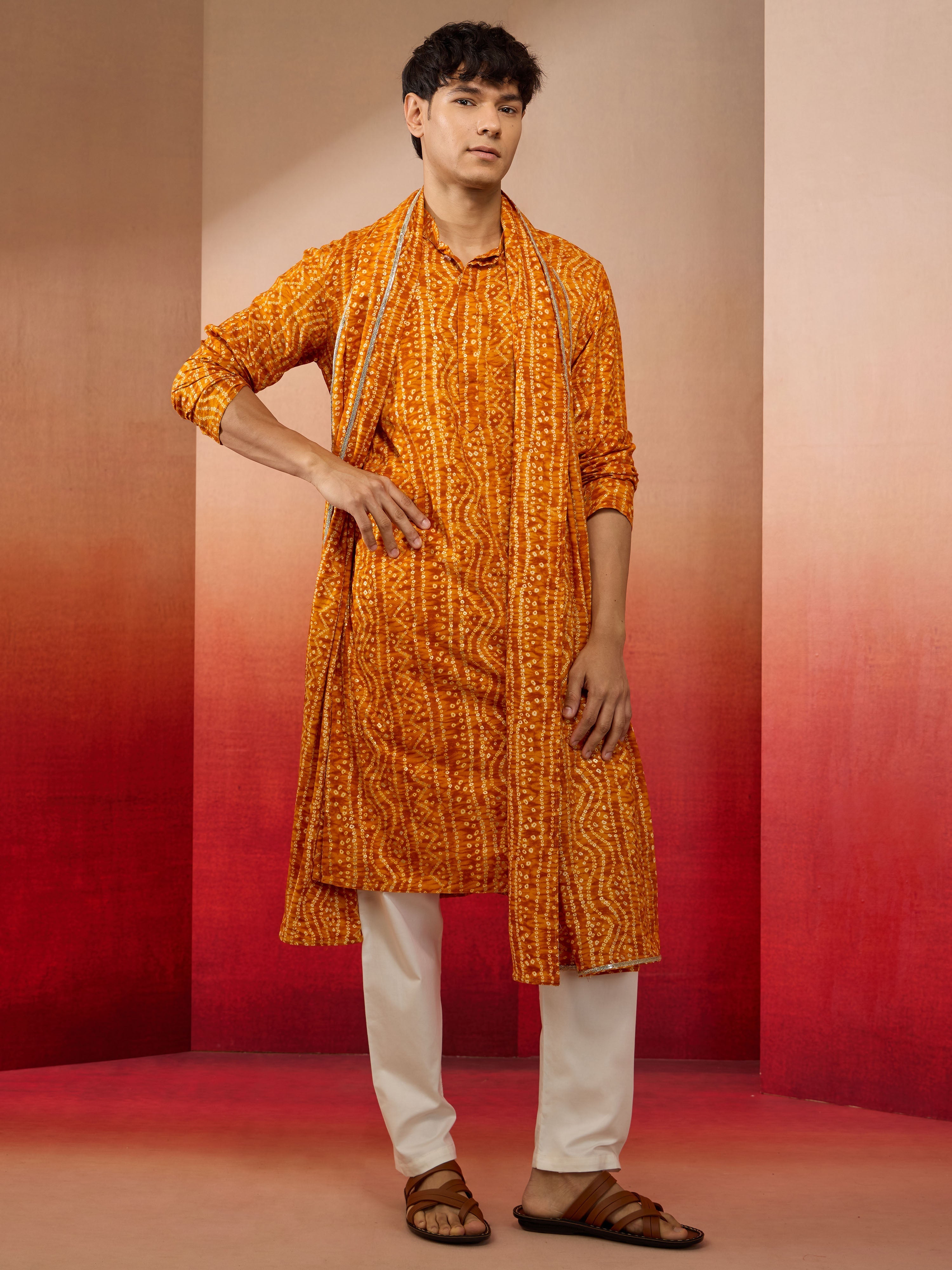 Mens Mustard Bandhani Kurta Set with Cream Pant and Dupatta
