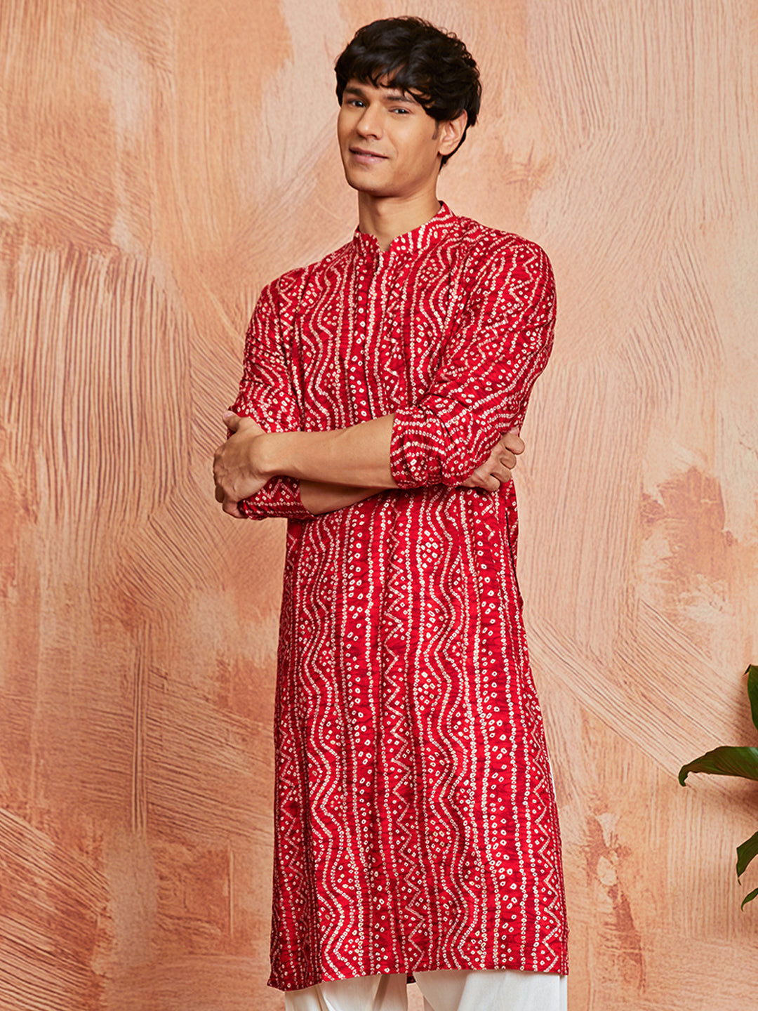 Men's Red Bandhni Rayon Kurta & Pyjama Set